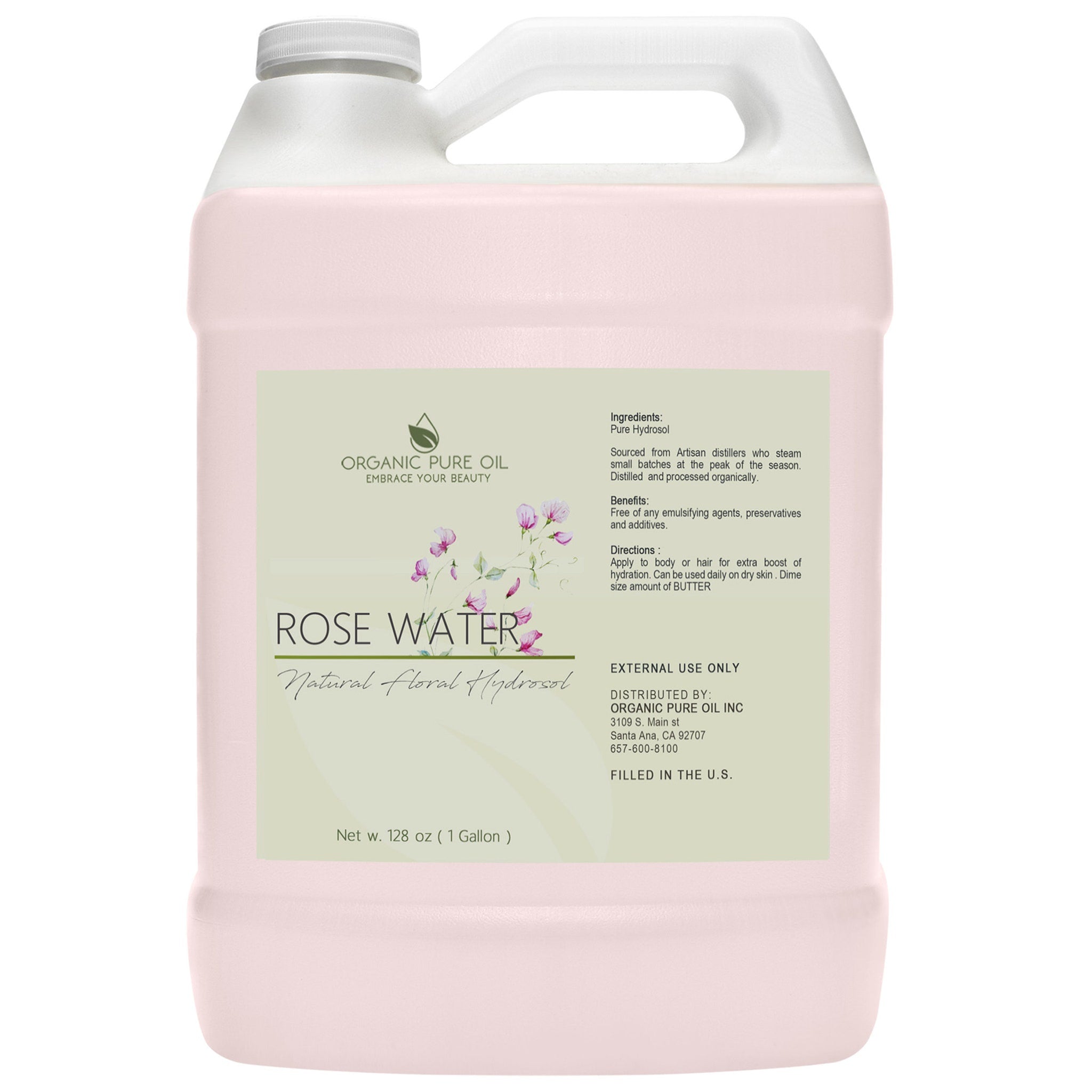 Rose water bottle, pink plastic container, white handle, Organic Pure Oil label, for external use