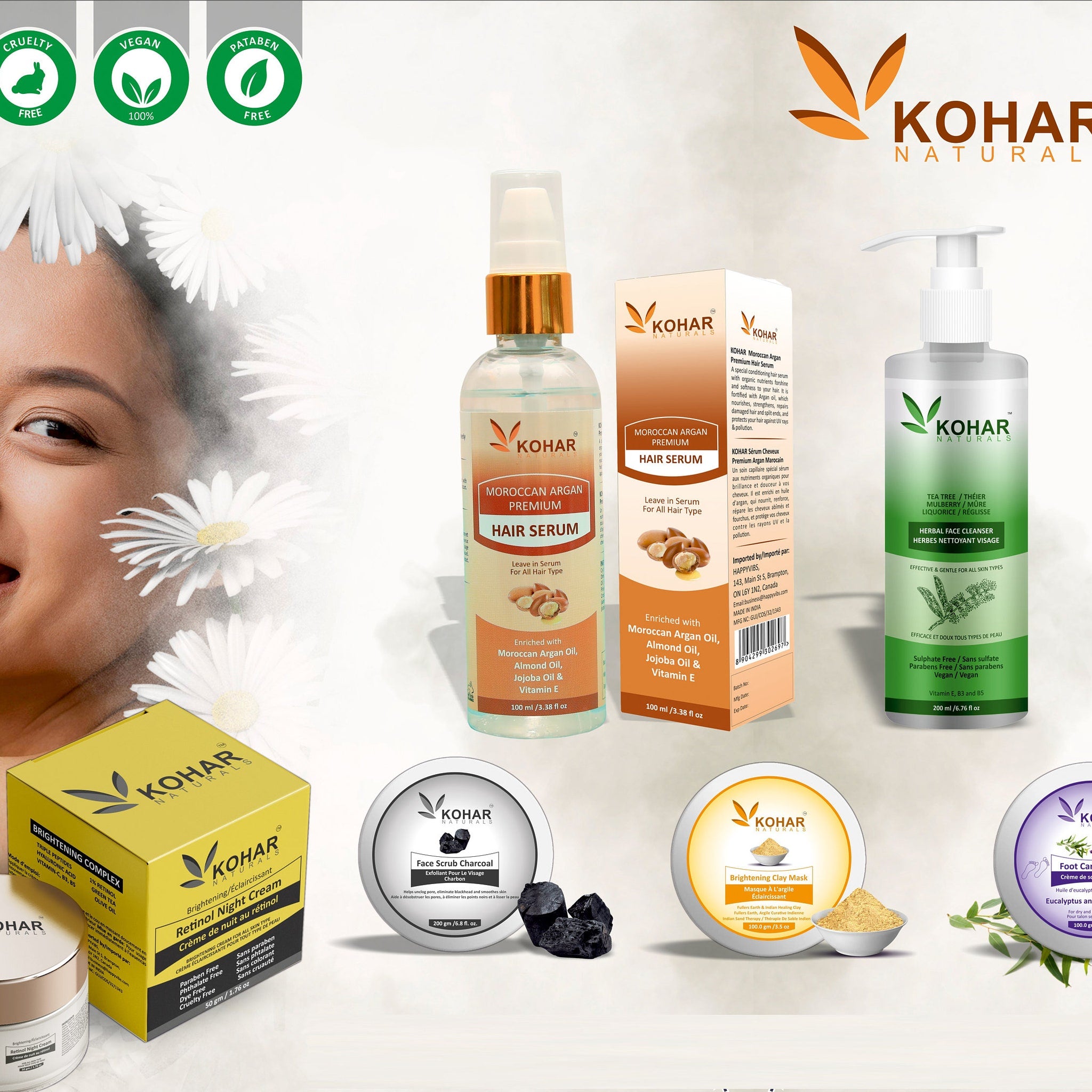 Hair serum bottle with gold cap, clear liquid, and "KOHAR" brand text