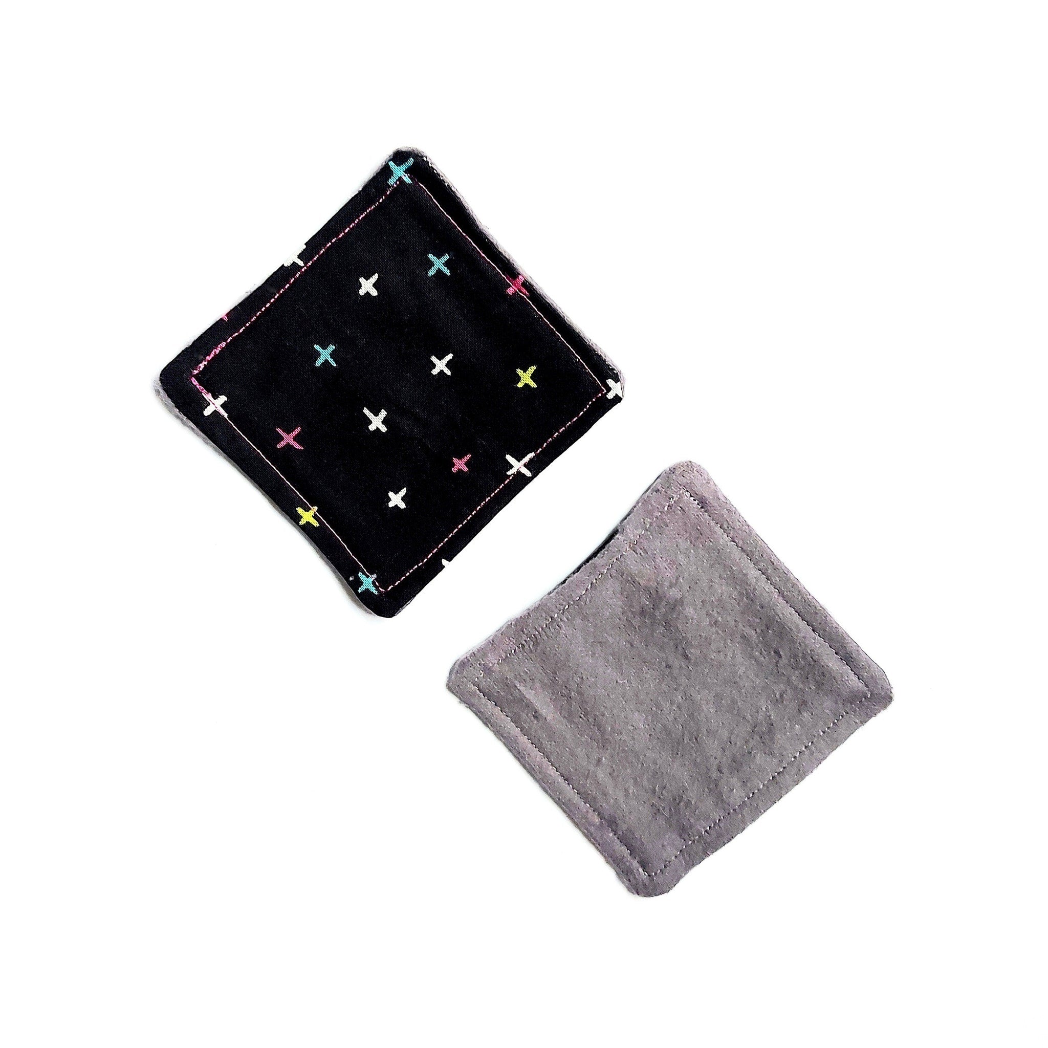 Coasters, black with white cross pattern and gray, square shape, fabric material