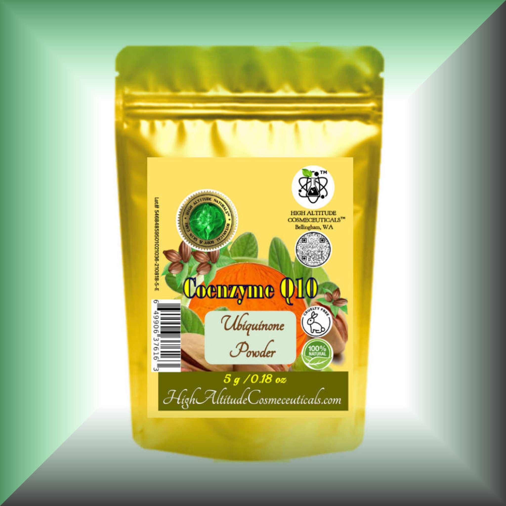 Coenzyme Q10 powder in a gold foil pouch with yellow label, High Altitude brand name visible