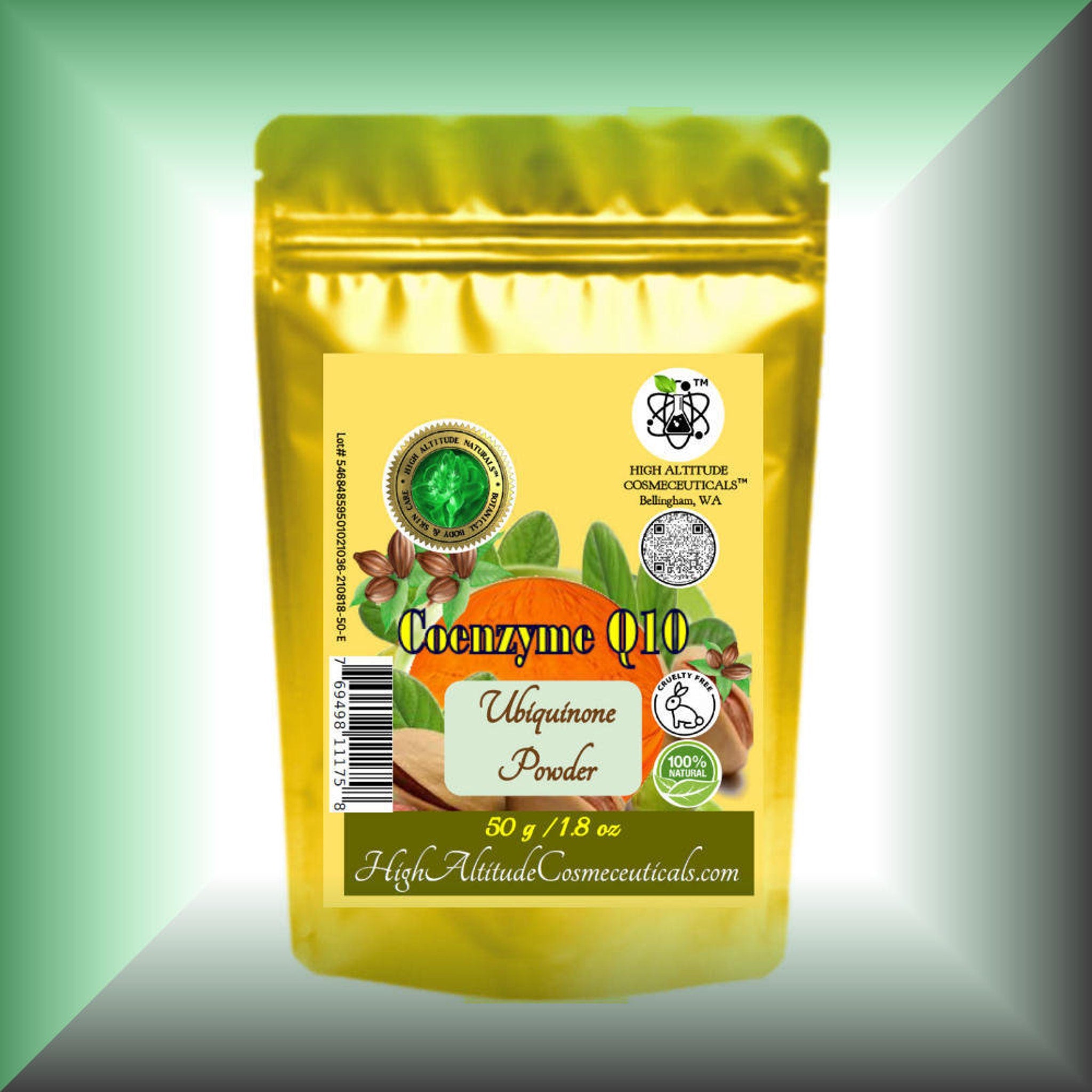 Coenzyme Q10 powder in a gold pouch with a yellow label, High Altitude Cosmeceuticals brand