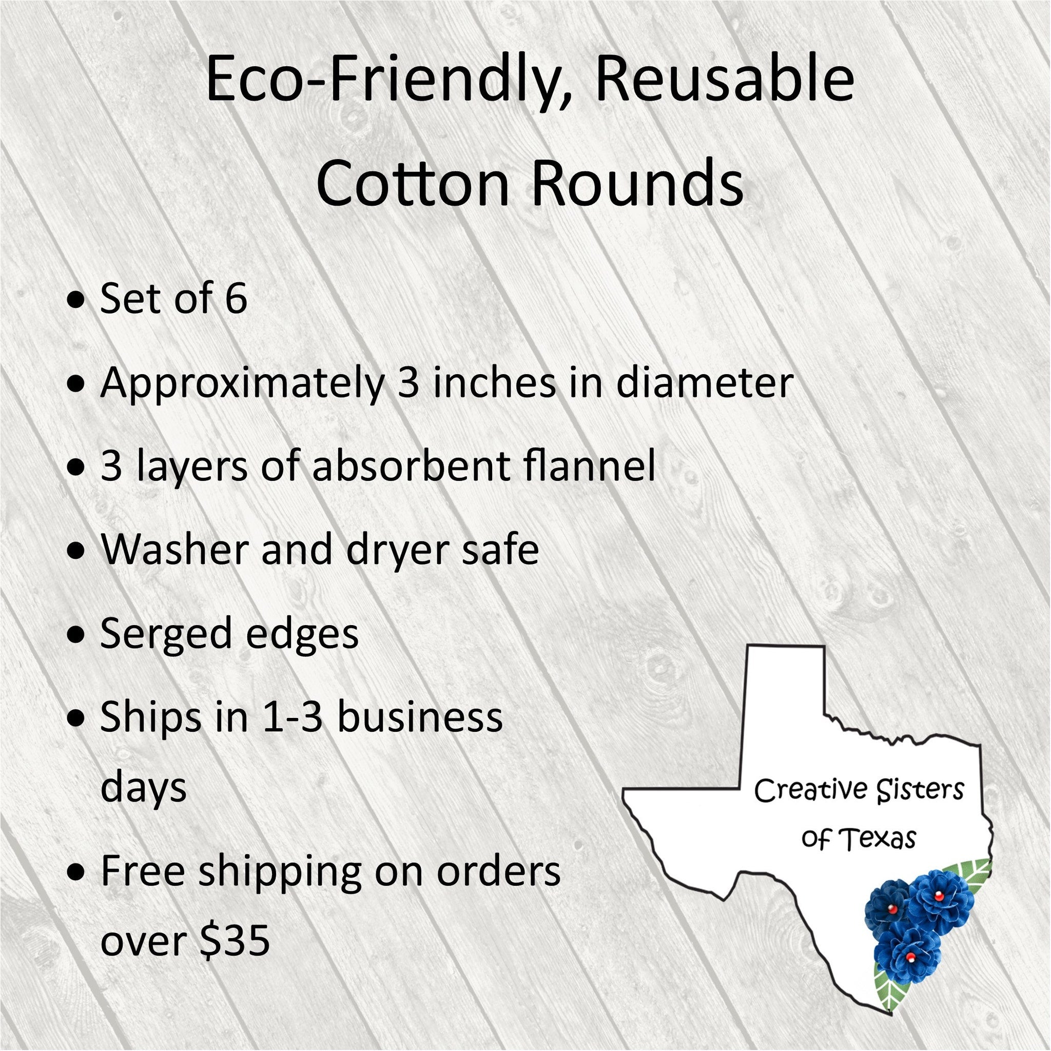 Cotton Rounds with black text, a set of 6, and "Creative Sisters of Texas" logo on a wood-grain background