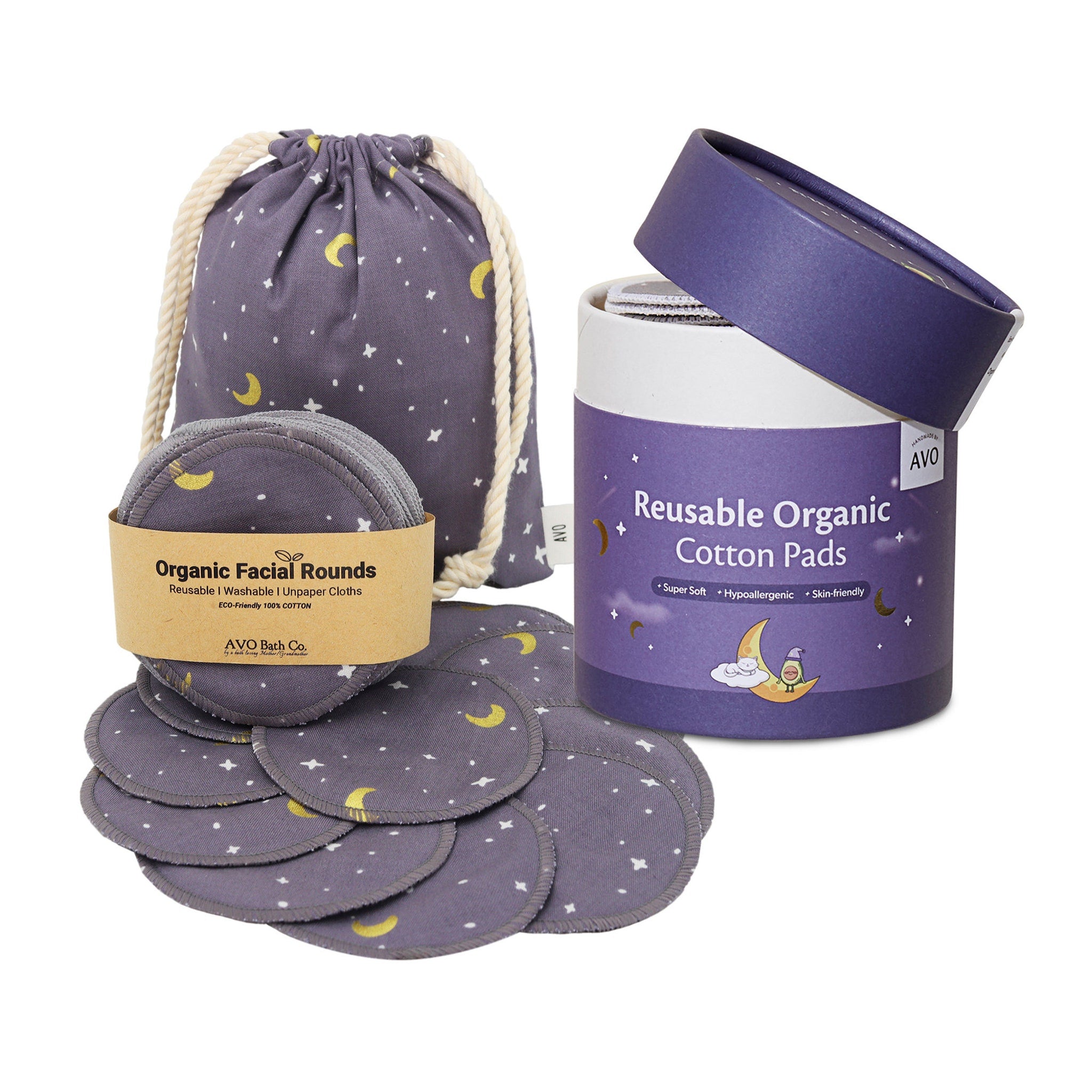 Reusable organic cotton pads in gray with moon and star pattern, AVO brand packaging visible