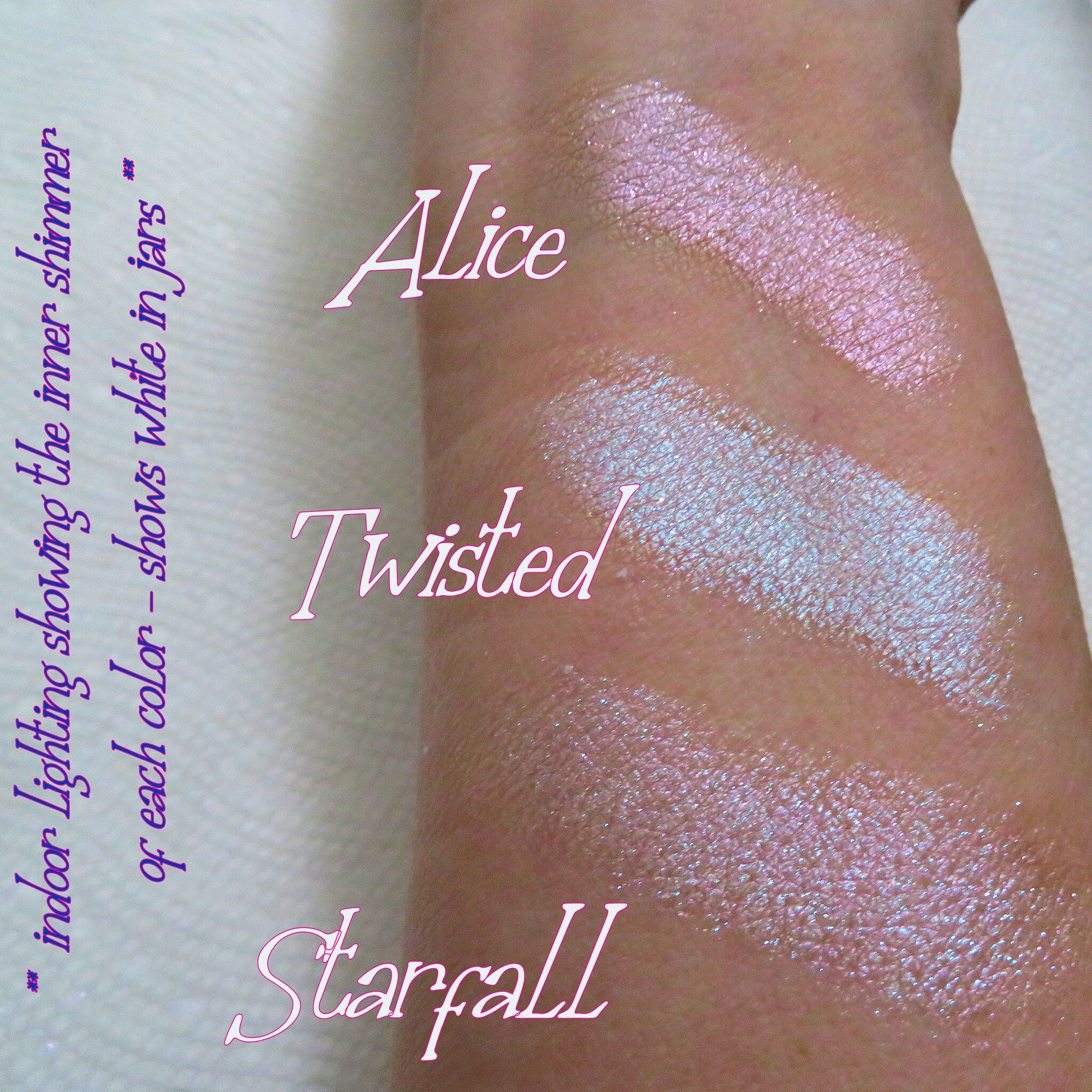 Side view of loose pigment eyeshadow jar showing intense sparkle and shimmer in sunlight