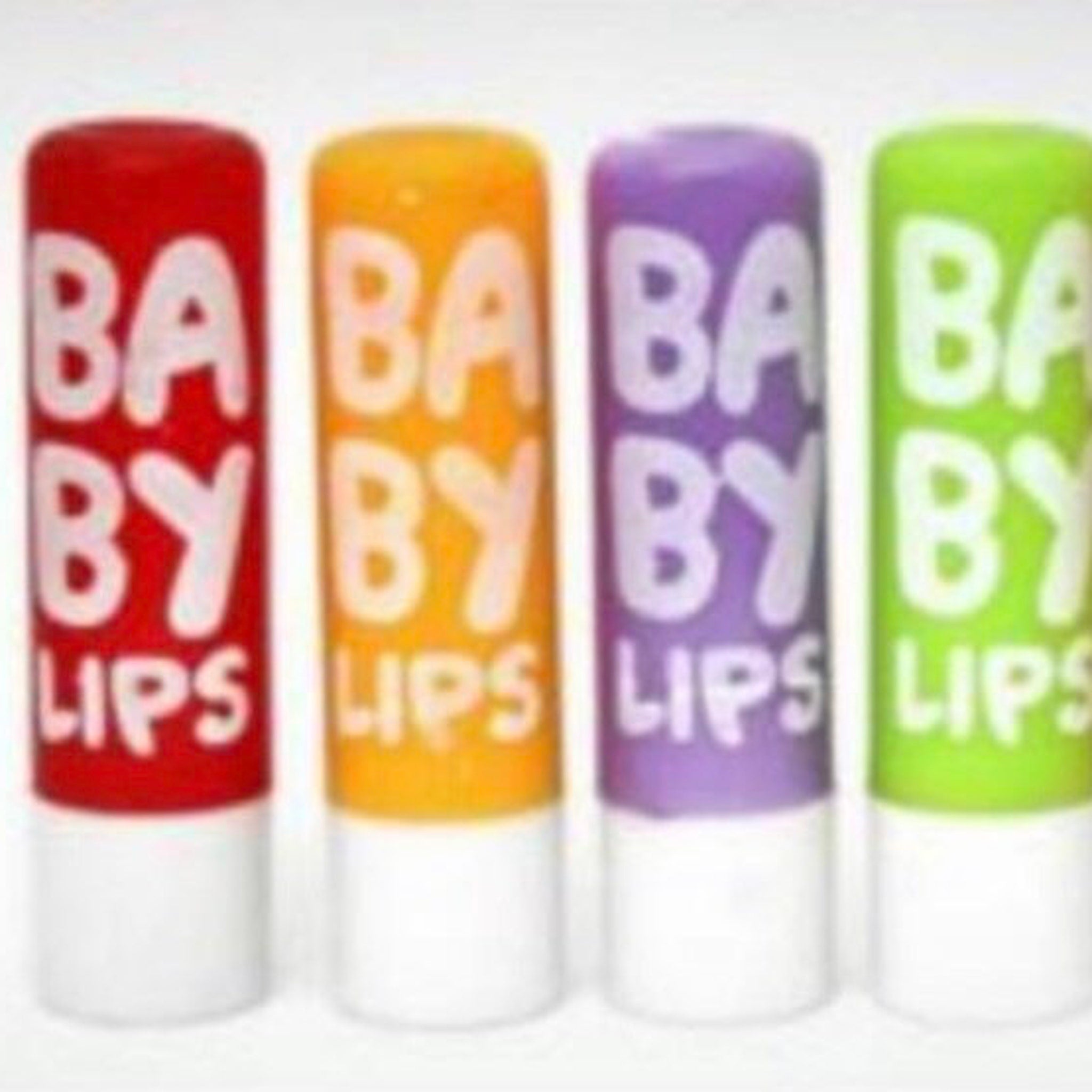 Lip balm tubes in red, orange, purple, and green with "BABY LIPS" text