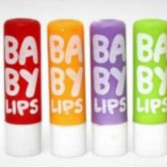 Lip balm tubes in red, orange, purple, and green with "BABY LIPS" text