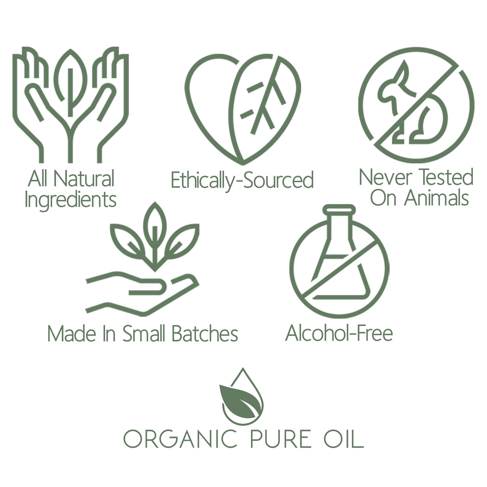 Organic oil icons with green outline, white background, and text labels for ingredients and sourcing