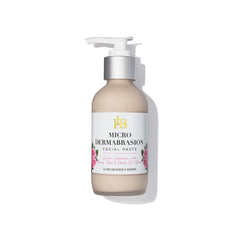 Facial paste bottle with white label, pink floral accents, and pump dispenser, Luxe Heavenly Bodies brand