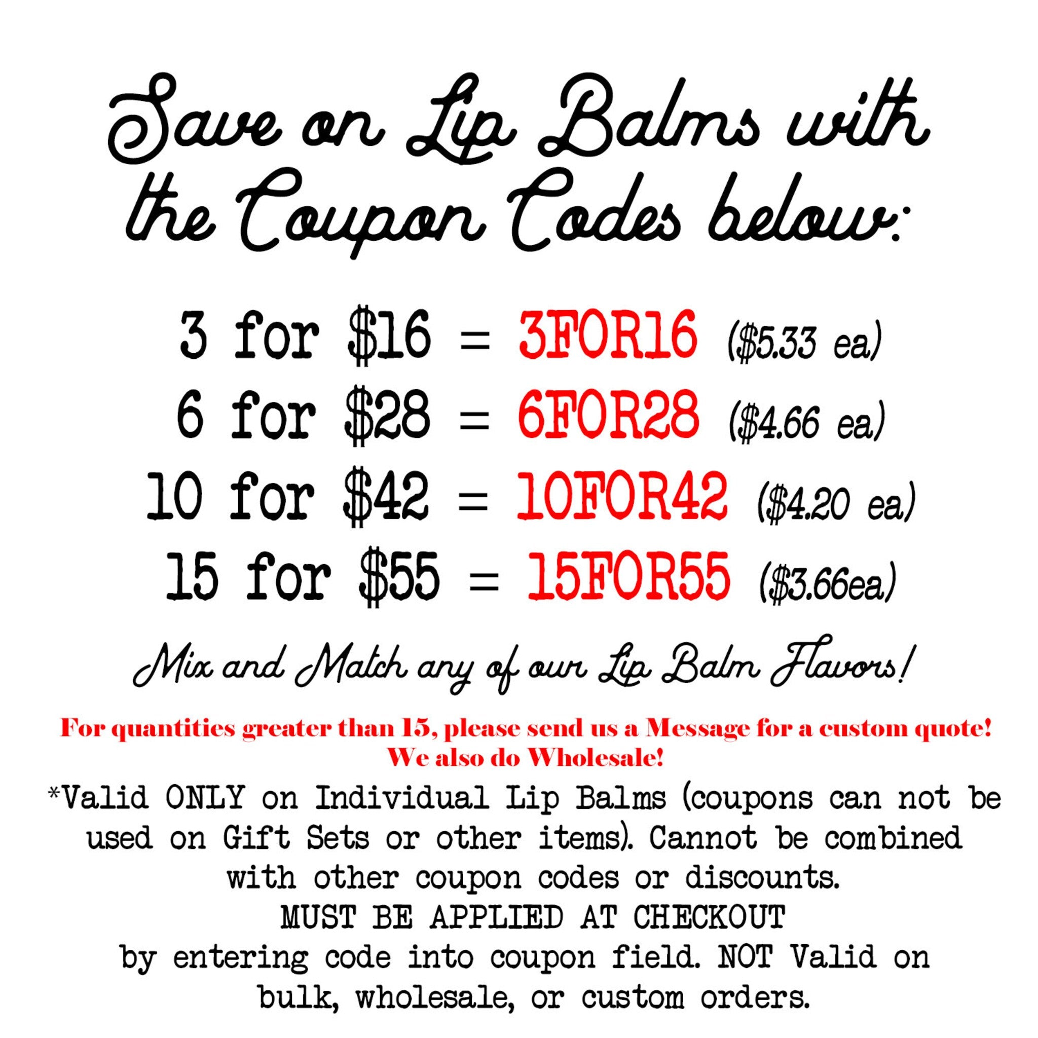 Lip balm coupon codes, black and red text on white background, multiple purchase offers