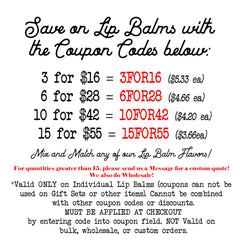 Lip balm coupon codes in black and red text, with prices listed, and coupon details on white background
