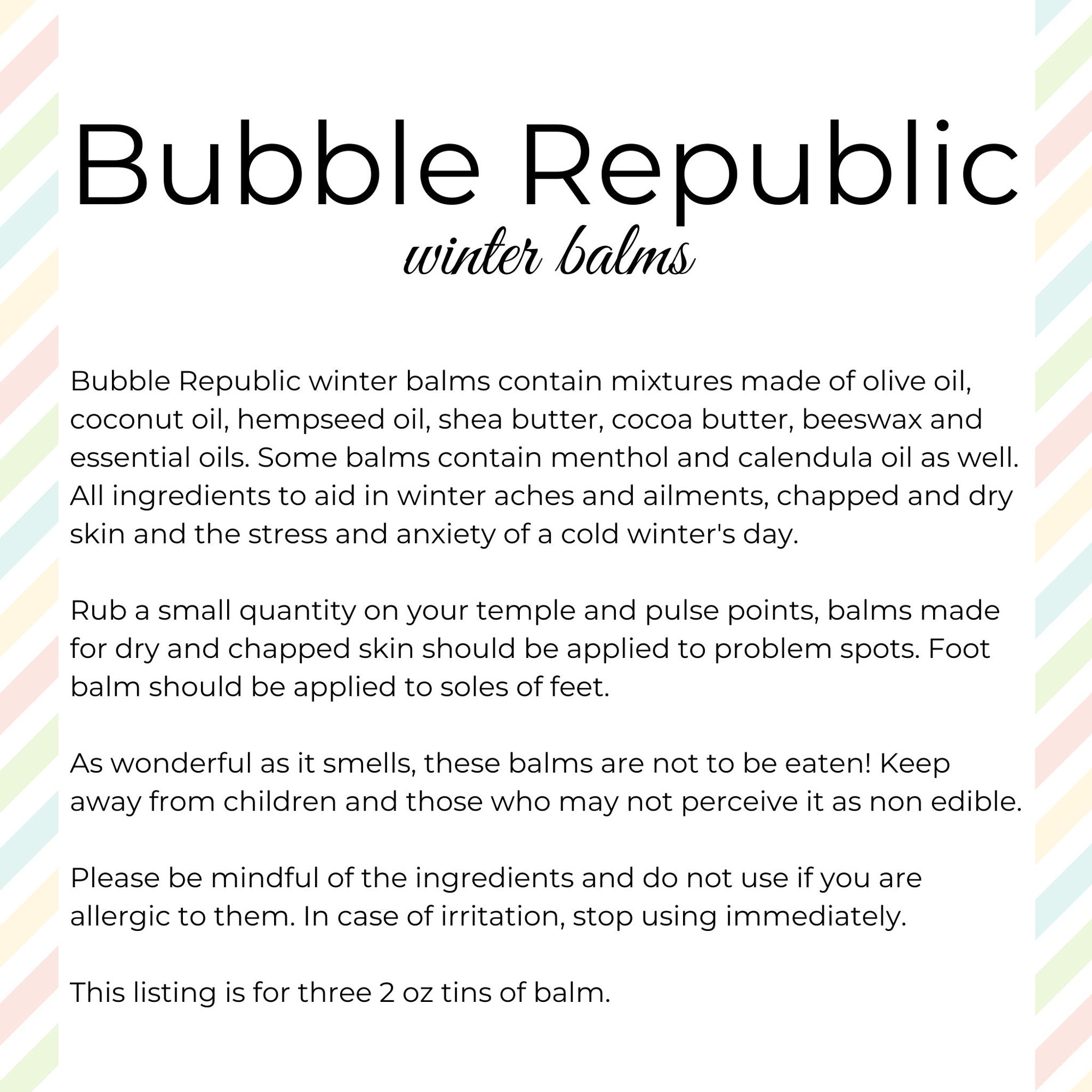 Winter balms text on white background with colorful stripes, Bubble Republic brand