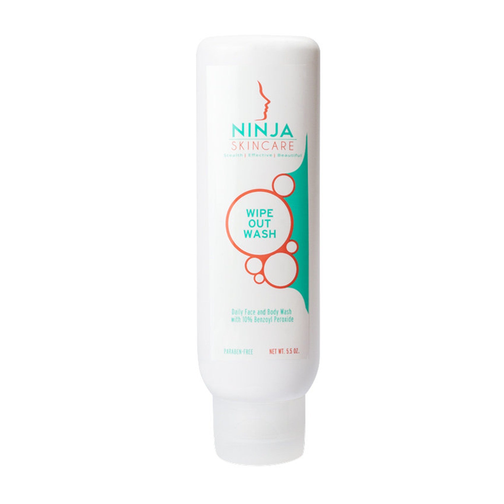 Close-up of opaque white 10% benzoyl peroxide acne wash with foaming texture in a sleek blue squeeze tube