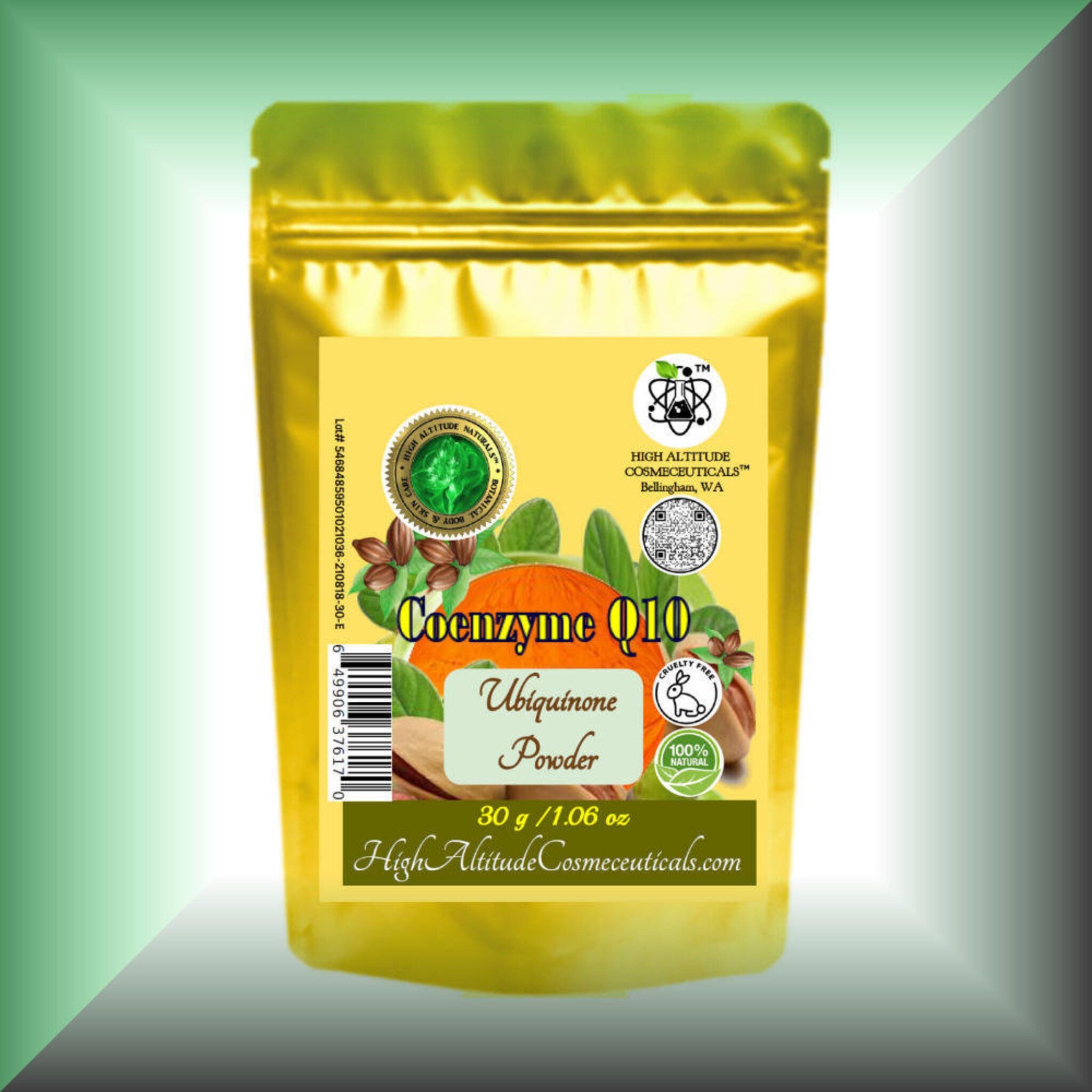 Coenzyme Q10 powder in gold pouch with green and yellow label, High Altitude Cosmeceuticals brand