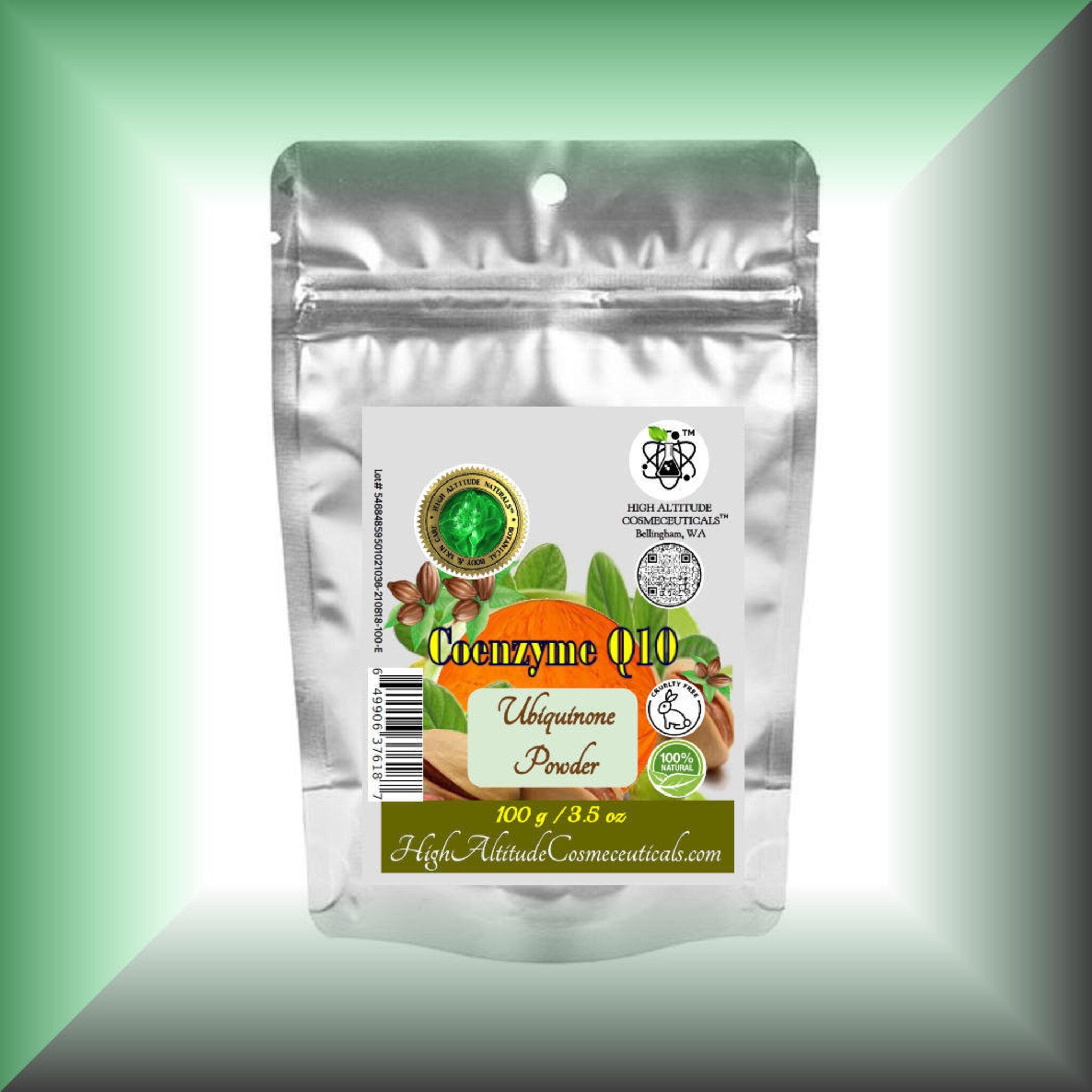 Coenzyme Q10 powder in silver pouch with green and orange label, High Altitude Cosmeceuticals brand