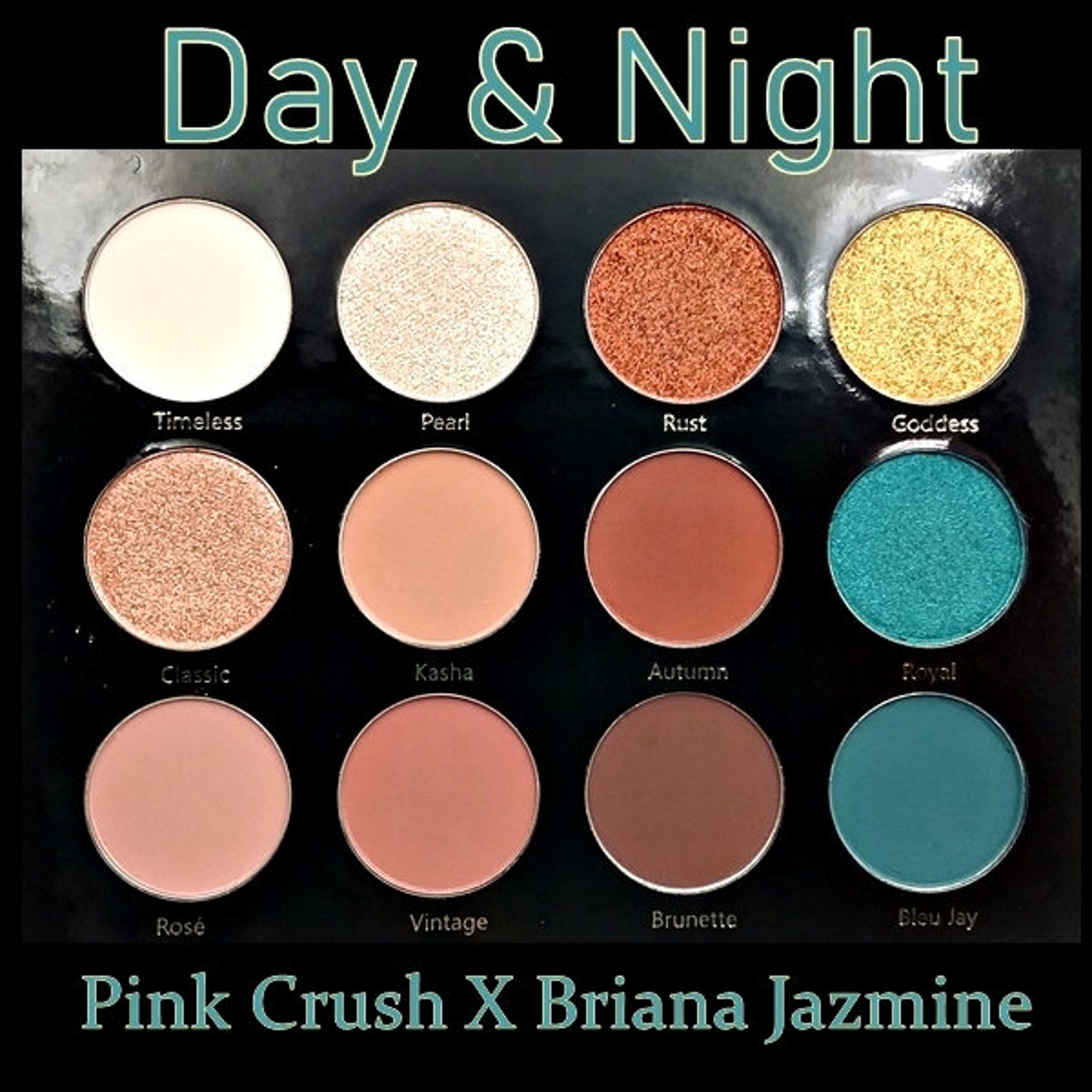 Side view of Day & Night Eyeshadow Palette showing gradient of matte and shimmer shades in compact case