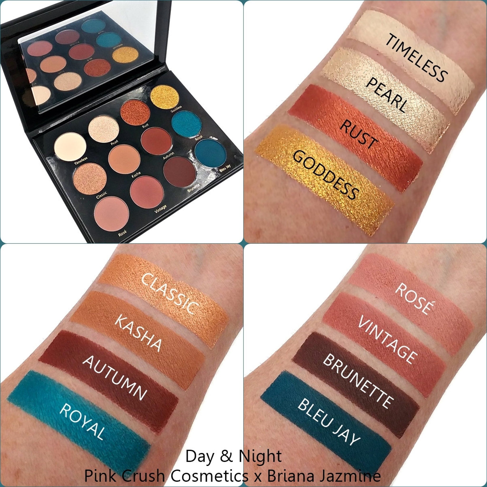 Close-up of shimmering bronze and plum eyeshadows in a sleek black palette with gold accents