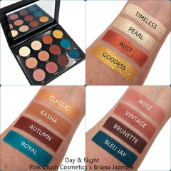 Close-up of shimmering bronze and plum eyeshadows in a sleek black palette with gold accents
