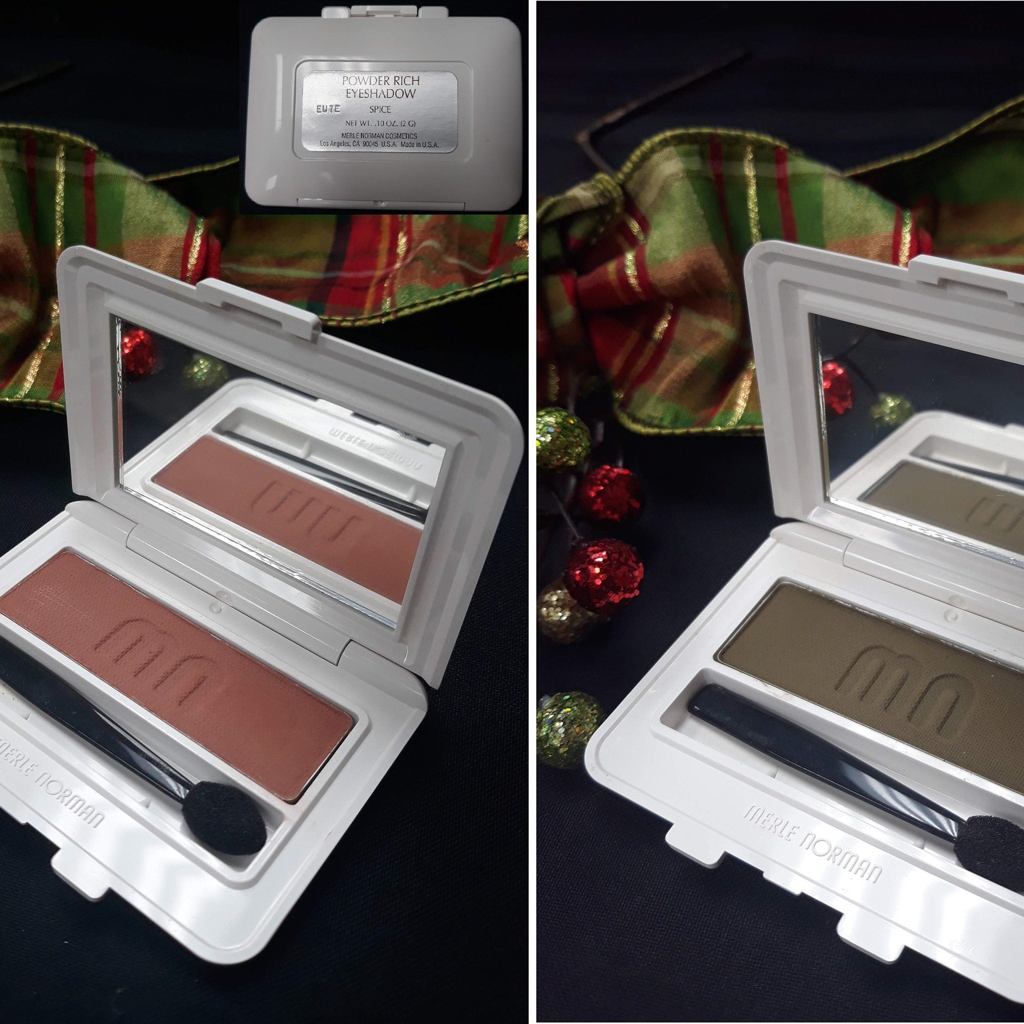 Side view of Merle Norman Luxiva single eye shadow compact showcasing rich brown, pink, and purple shades in square pan