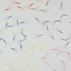Colored lash extensions in red, blue, purple, and yellow, on white background, Kimeyelashes