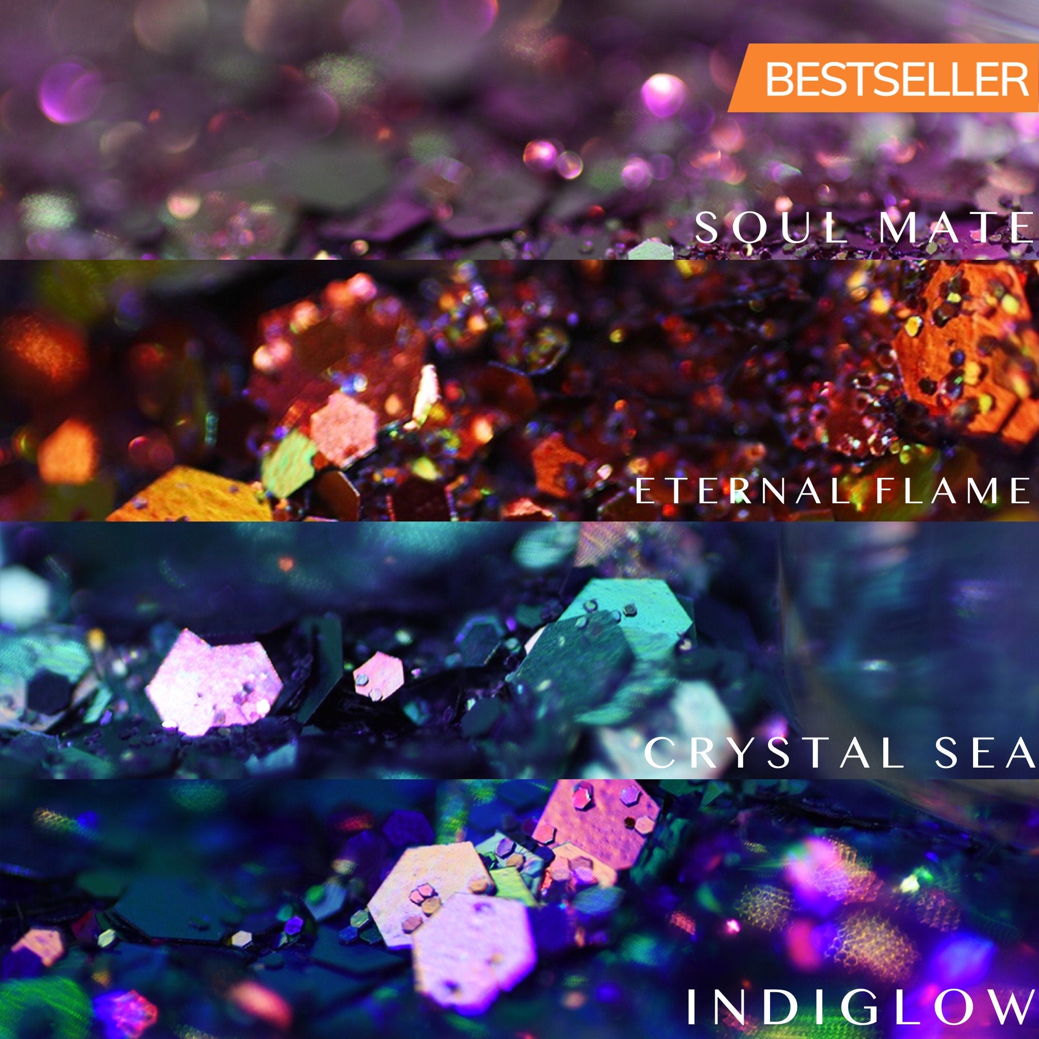 Close-up of chameleon glitter eye shadow bundle showing shifting iridescent hues in compact palette