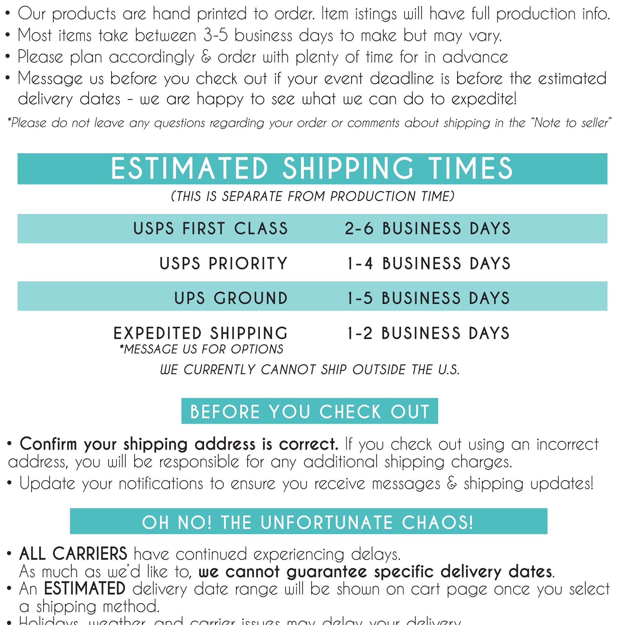 Shipping information graphic with teal background, white text, and bullet points showing delivery times