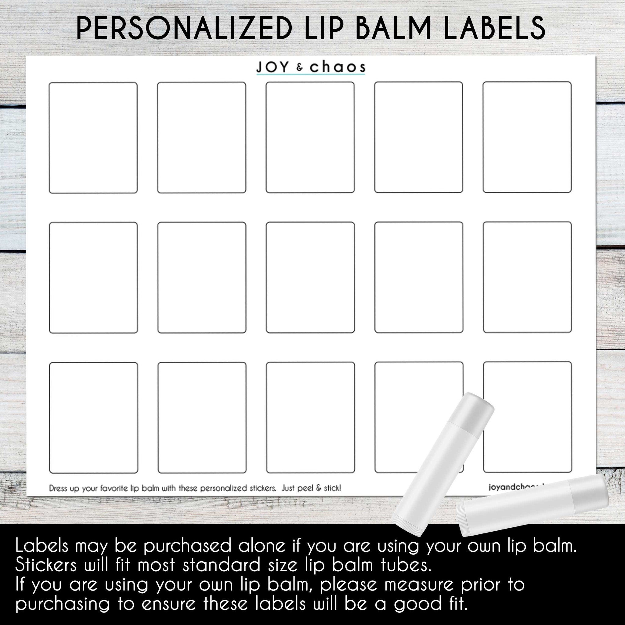 Personalized lip balm labels on white paper with black outlines, JOY & chaos brand visible, for lip balm tubes