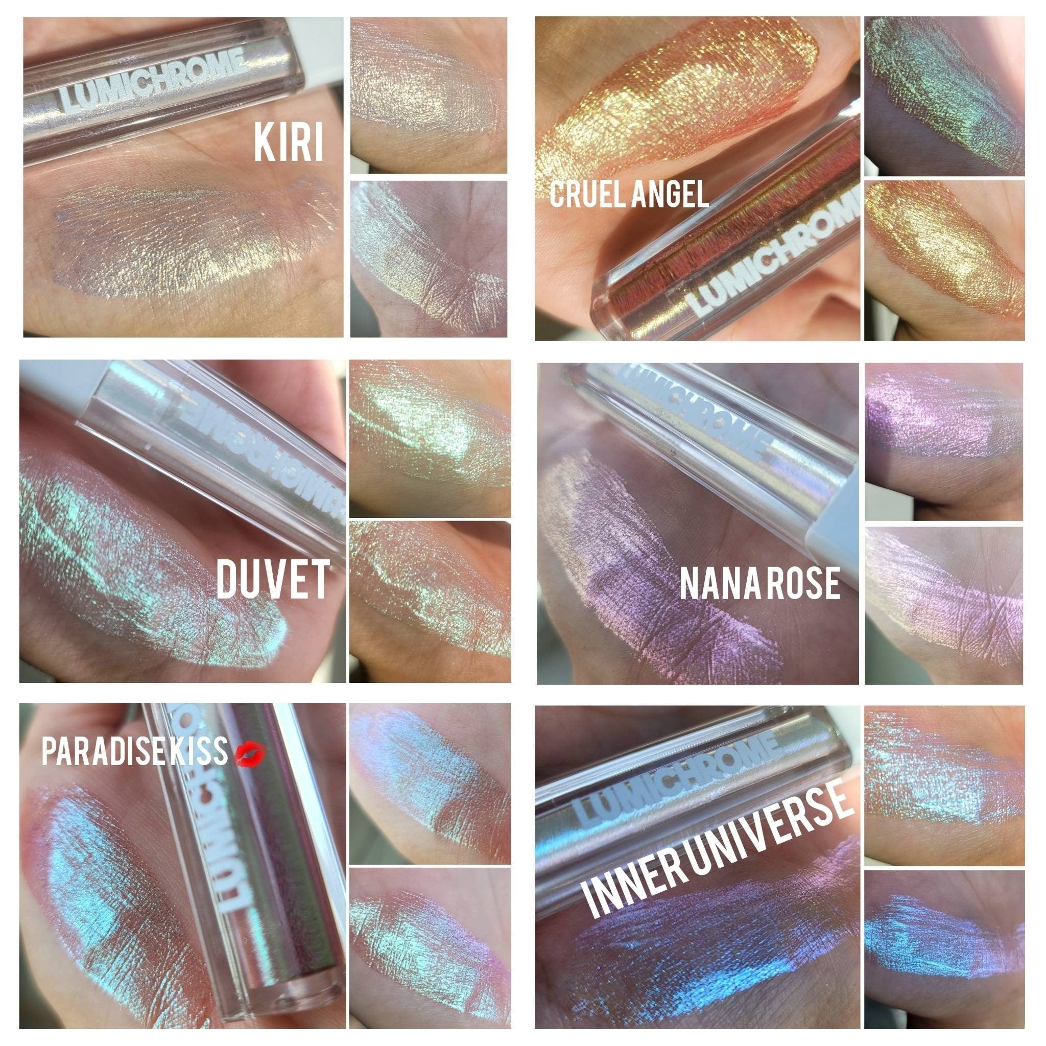 Three chameleon duochrome liquid eyeshadows displayed in sleek glass bottles with gold caps.