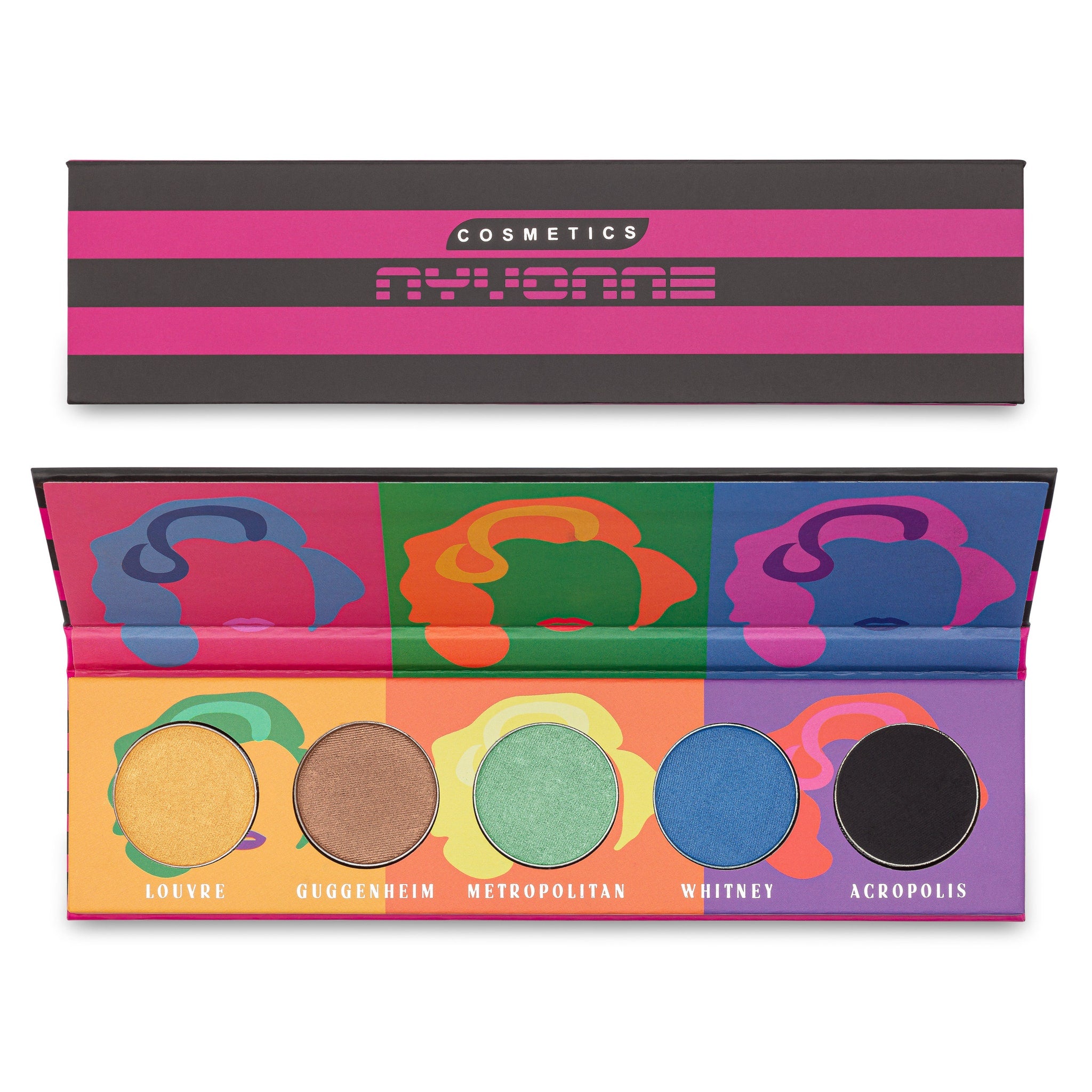 Eyeshadow palette with pink, black, and colorful abstract design, NYX Cosmetics brand name visible