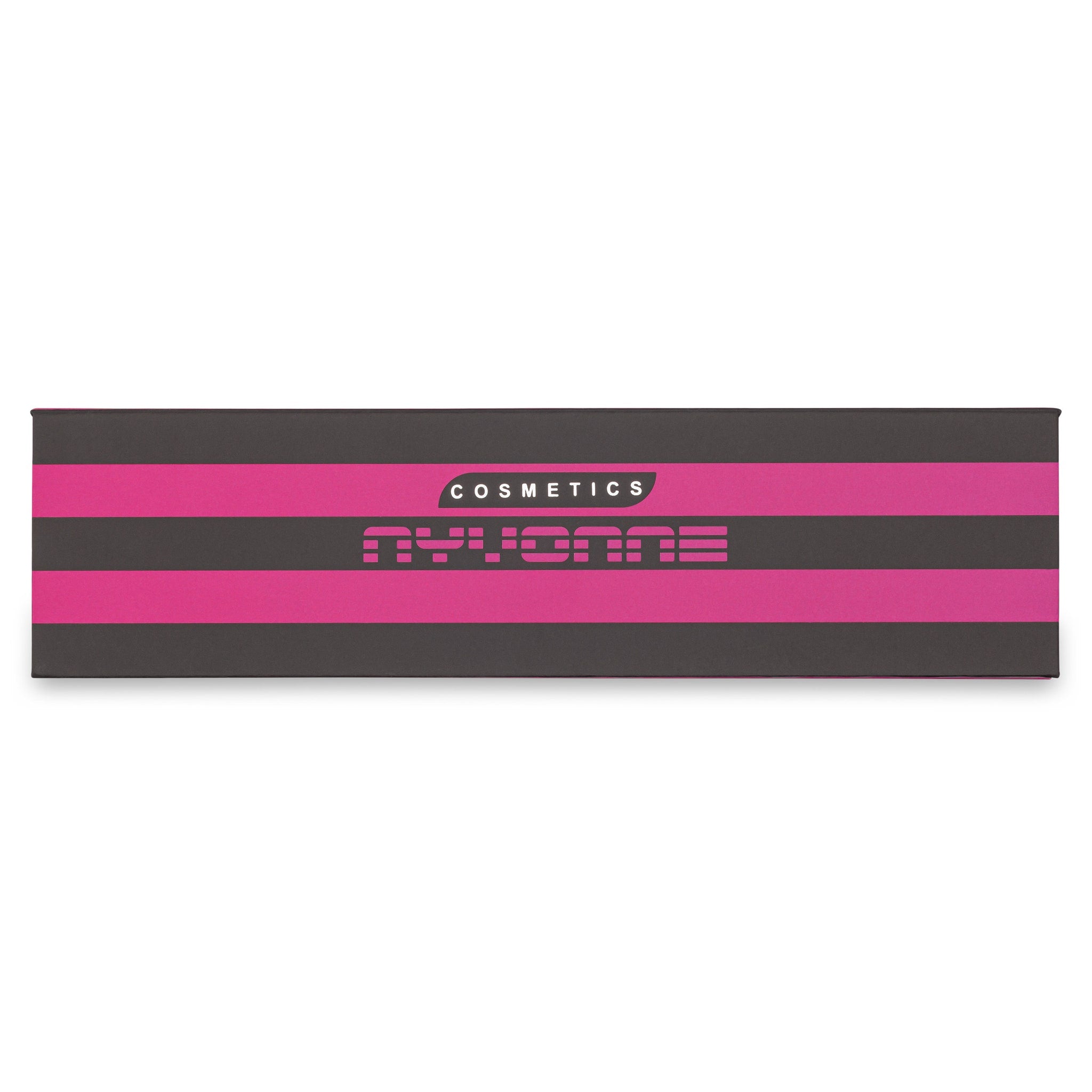 Cosmetics box with pink and gray stripes, brand name "NYVONE" visible on front.