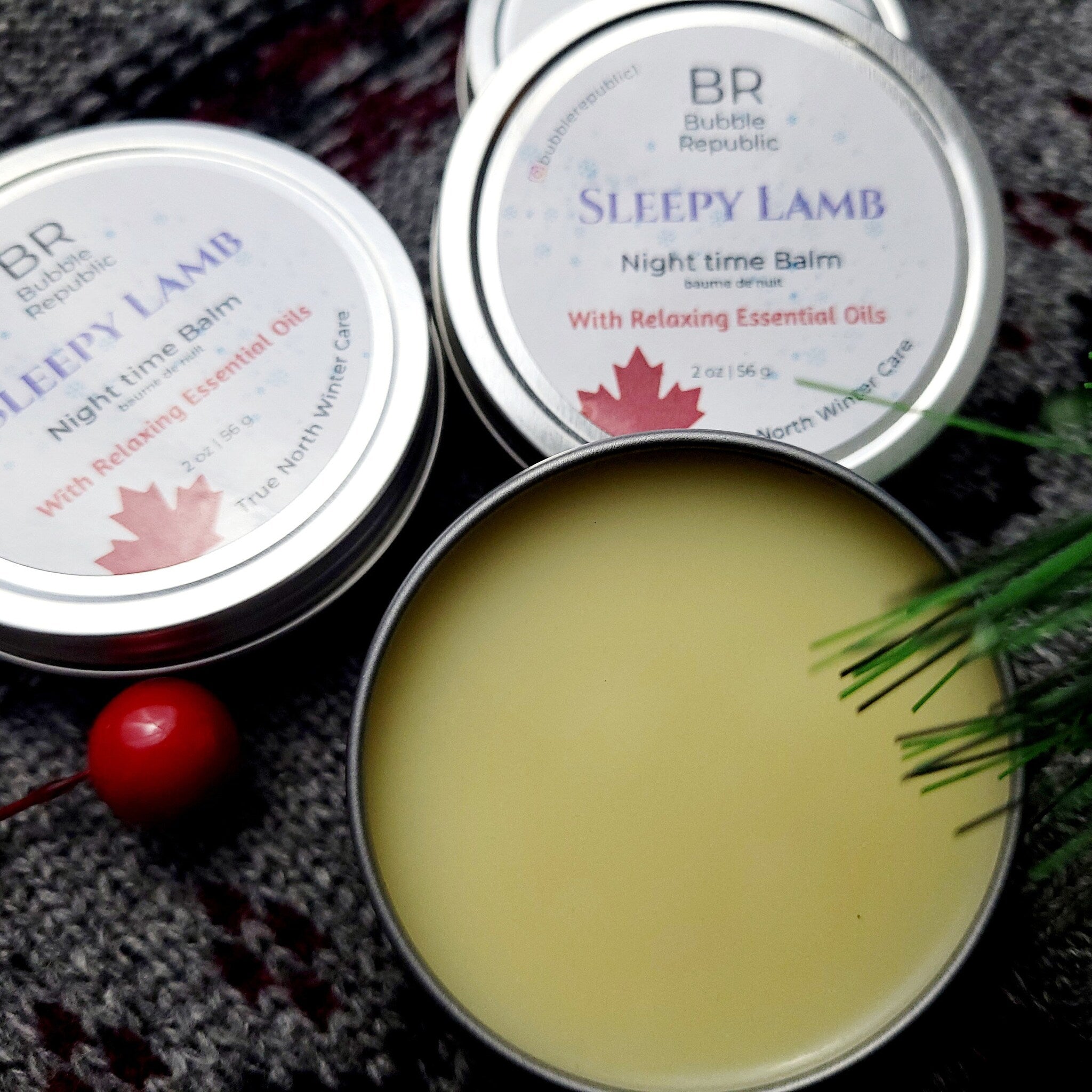 Night time balm in silver tin with yellow balm and BR Sleepy Lamb label on white background