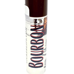 Lip balm tube with brown cap, silver label, and "Bourbon" text in black and red