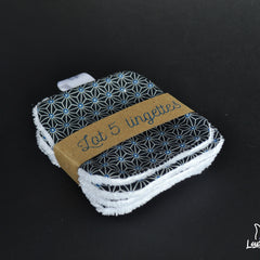 Makeup remover wipes, black and blue geometric pattern, white trim, LoupIndigo brand