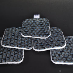 Reusable facial pads with black geometric pattern, blue accents, and white trim, on black background