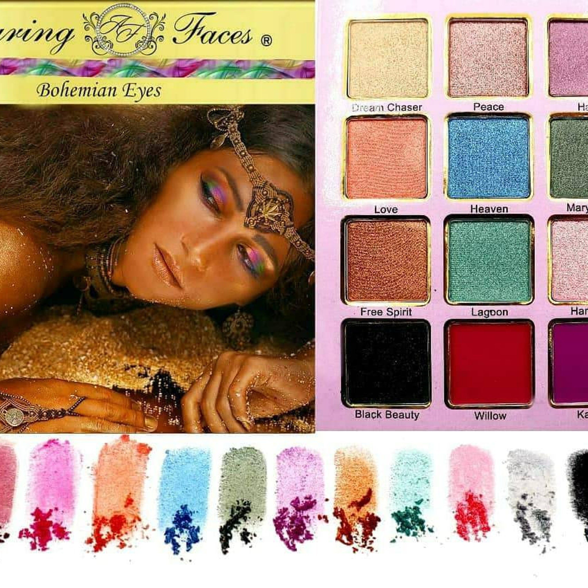 Open Bohemian Eyeshadow Palette displaying 12 vibrant matte and shimmer shades in warm earthy tones with gold trim
