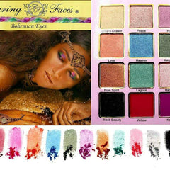 Open Bohemian Eyeshadow Palette displaying 12 vibrant matte and shimmer shades in warm earthy tones with gold trim