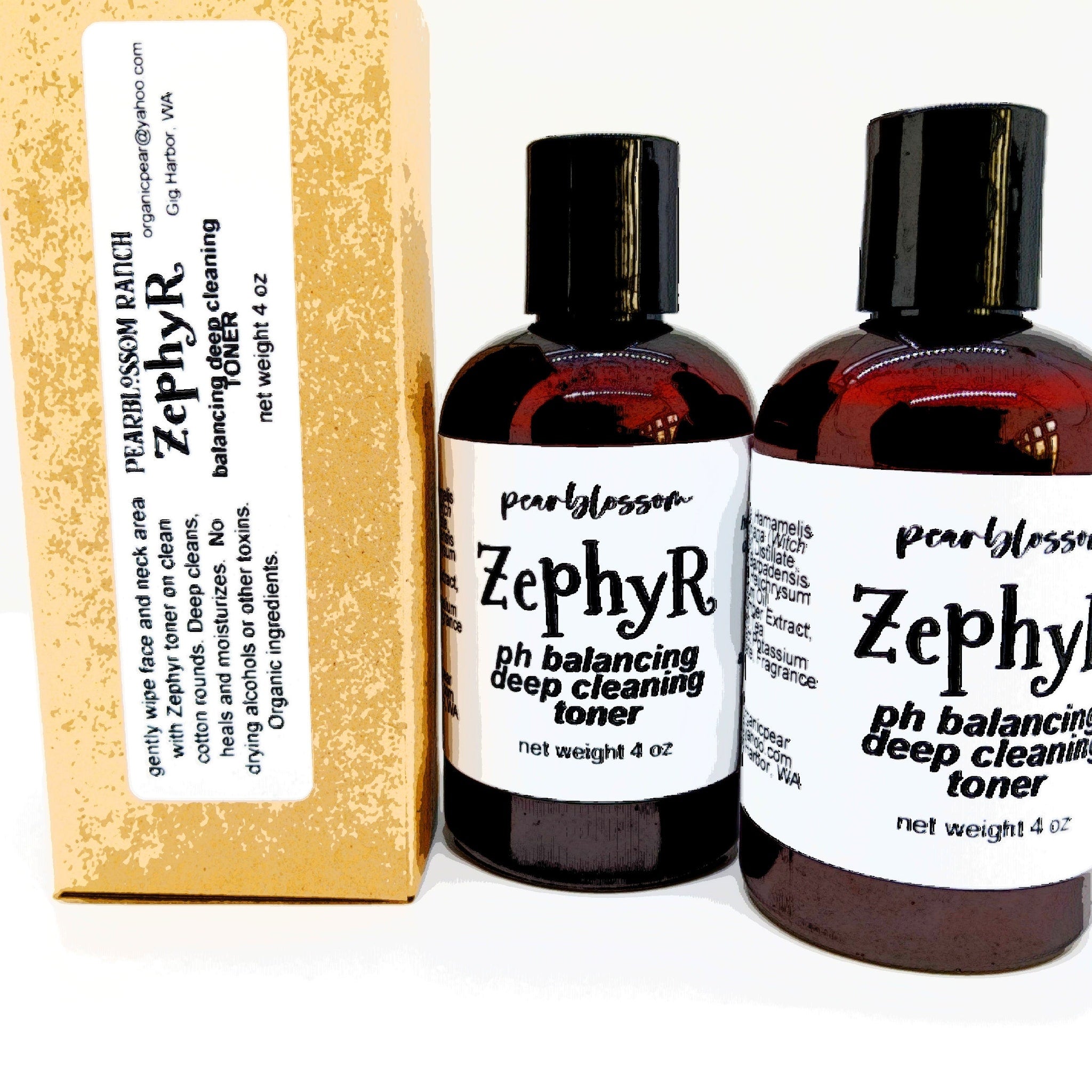 Toner bottles with black caps and Zephyr label, next to a textured box