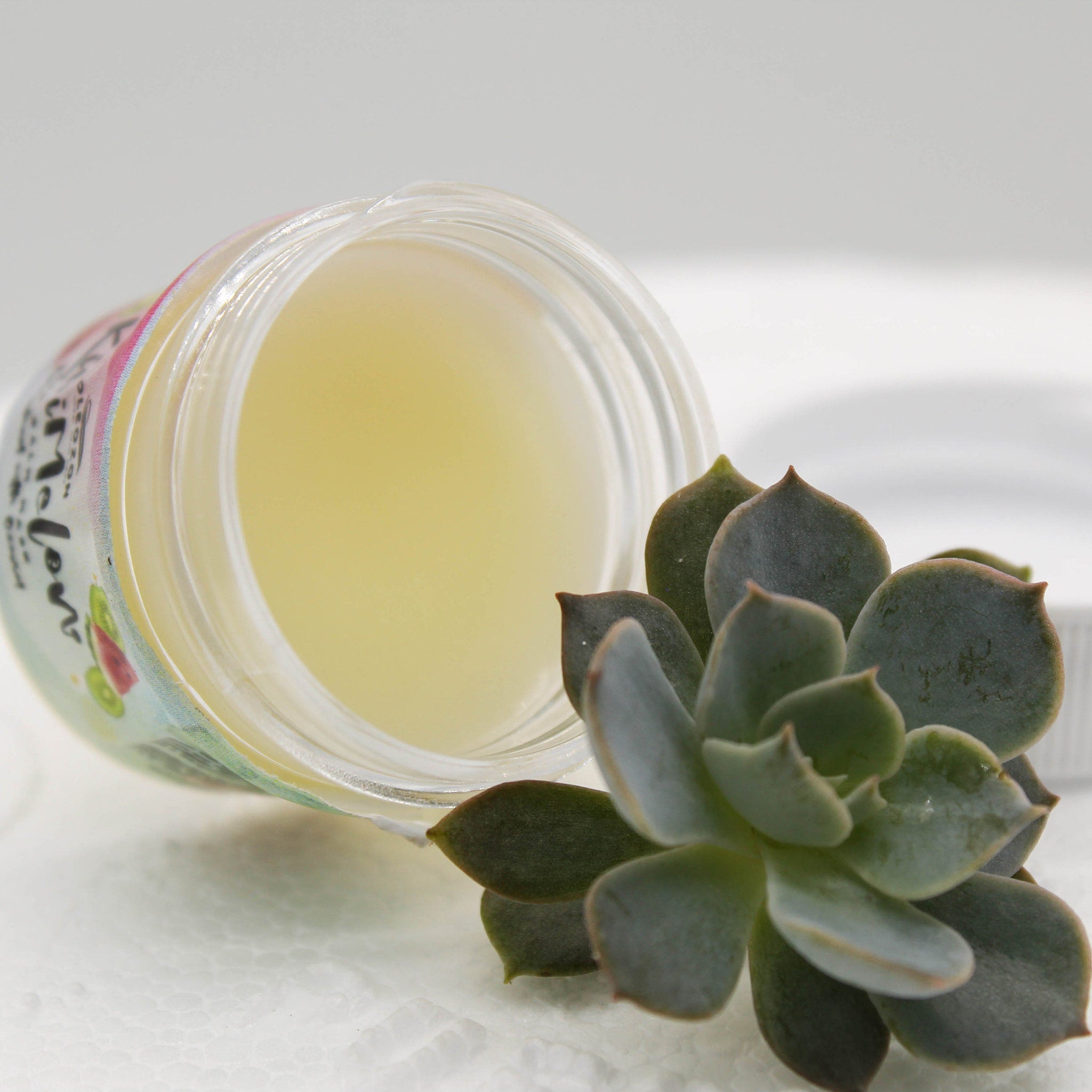 Jar of light yellow liquid in clear glass with green succulent plant beside it
