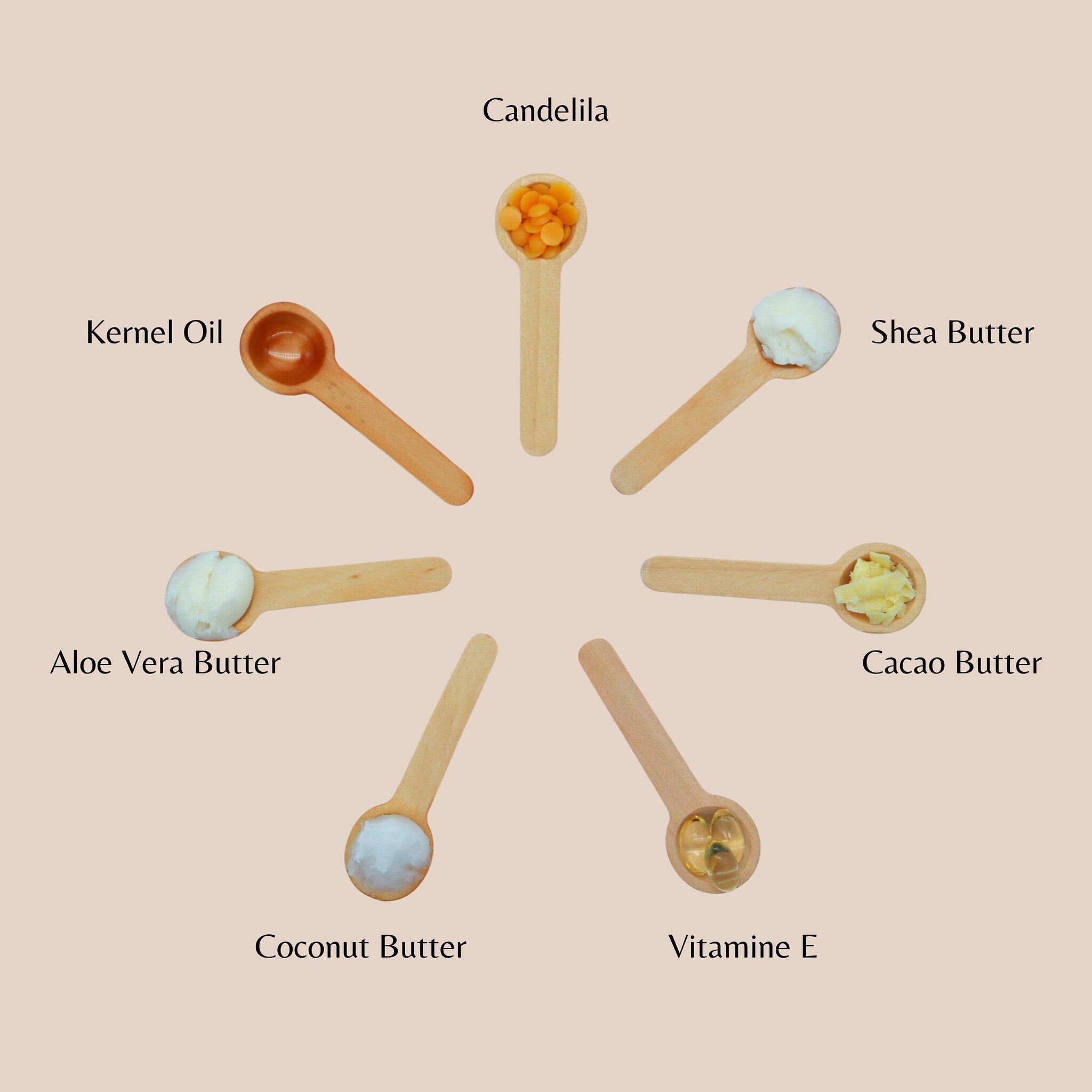 Candelila wax on wooden spoon, orange pellets, light brown wood, beauty product ingredient