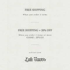 Promotional text on cream paper with black text, Little Tattoos branding, free shipping offer