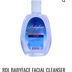 Facial cleanser bottle, clear plastic, white cap, blue label with Babyface text, 150ml size