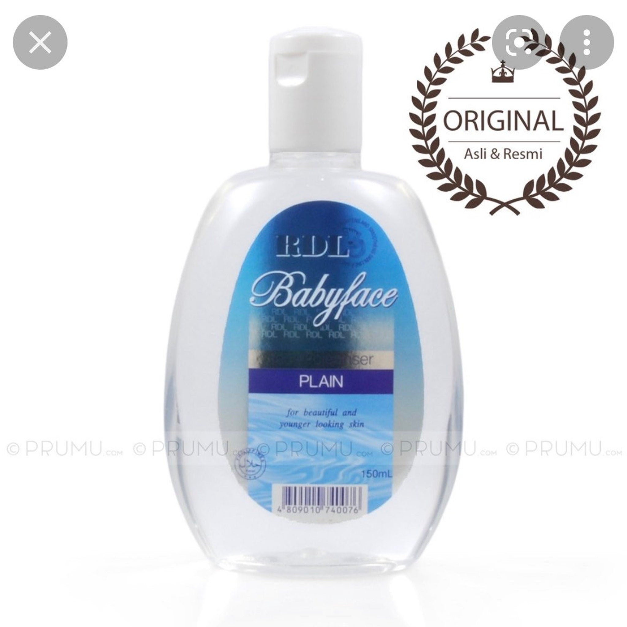 Facial Cleanser bottle, clear plastic, white cap, RDL Babyface label, 150ml size