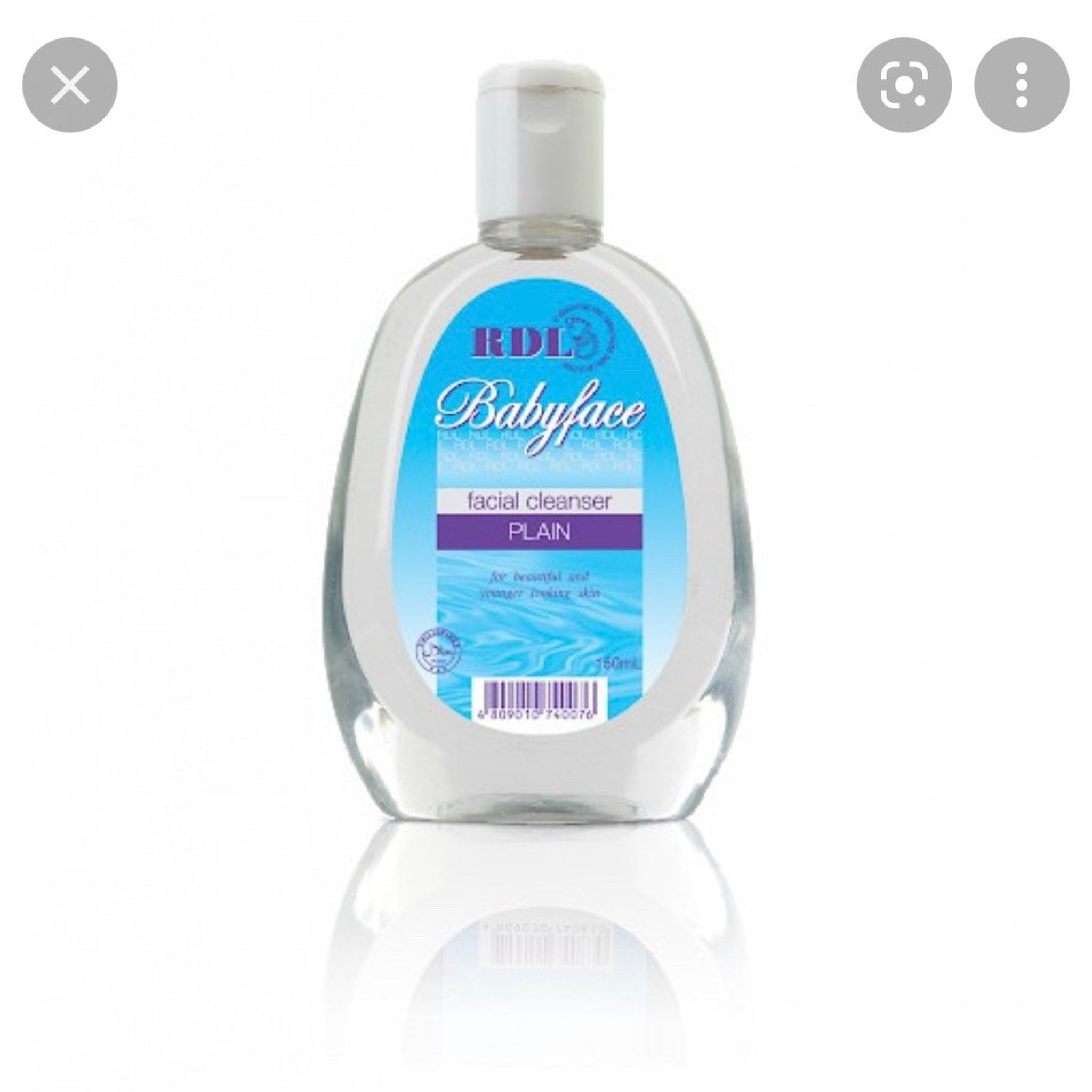 Facial cleanser bottle with white cap, clear bottle, and blue label with "Babyface" text.