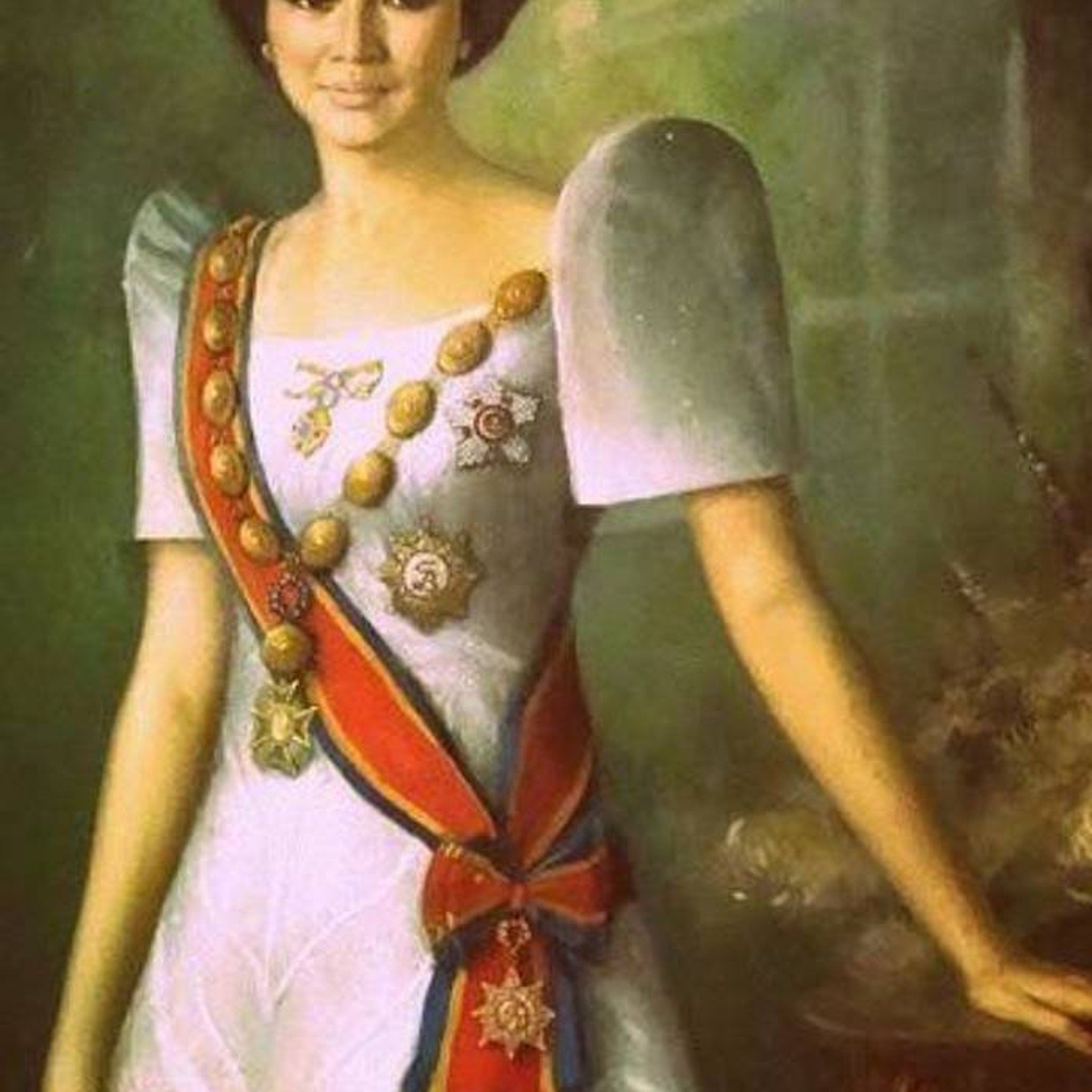 Portrait painting of woman in white dress with red sash and gold embellishments, historical representation