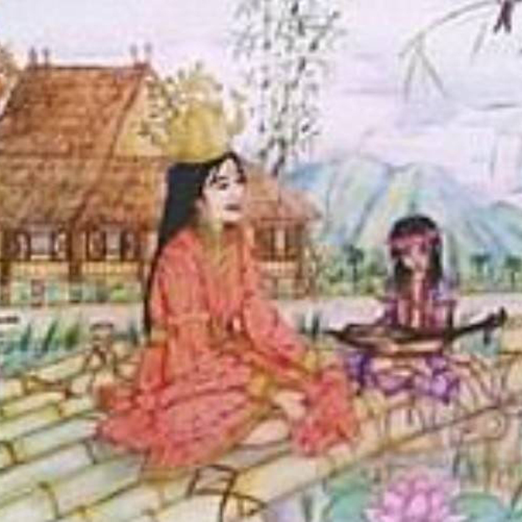 Illustration of woman in red dress, with gold crown, and another playing instrument