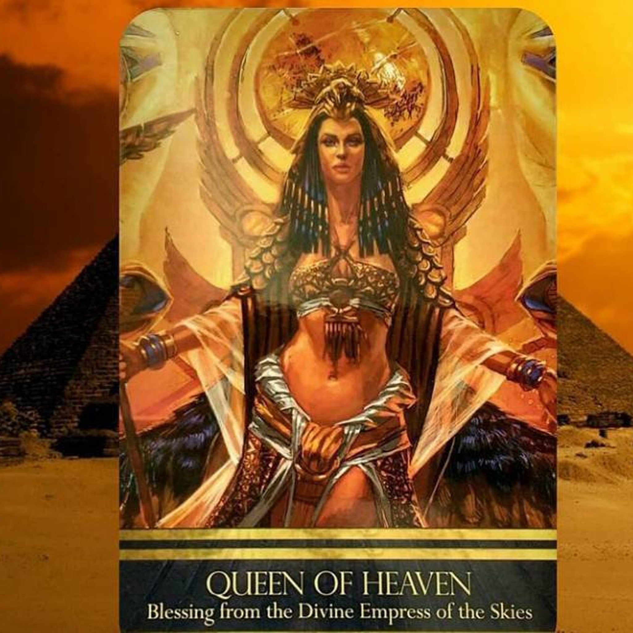 Tarot card illustration of woman with wings, gold and brown colors, Egyptian style