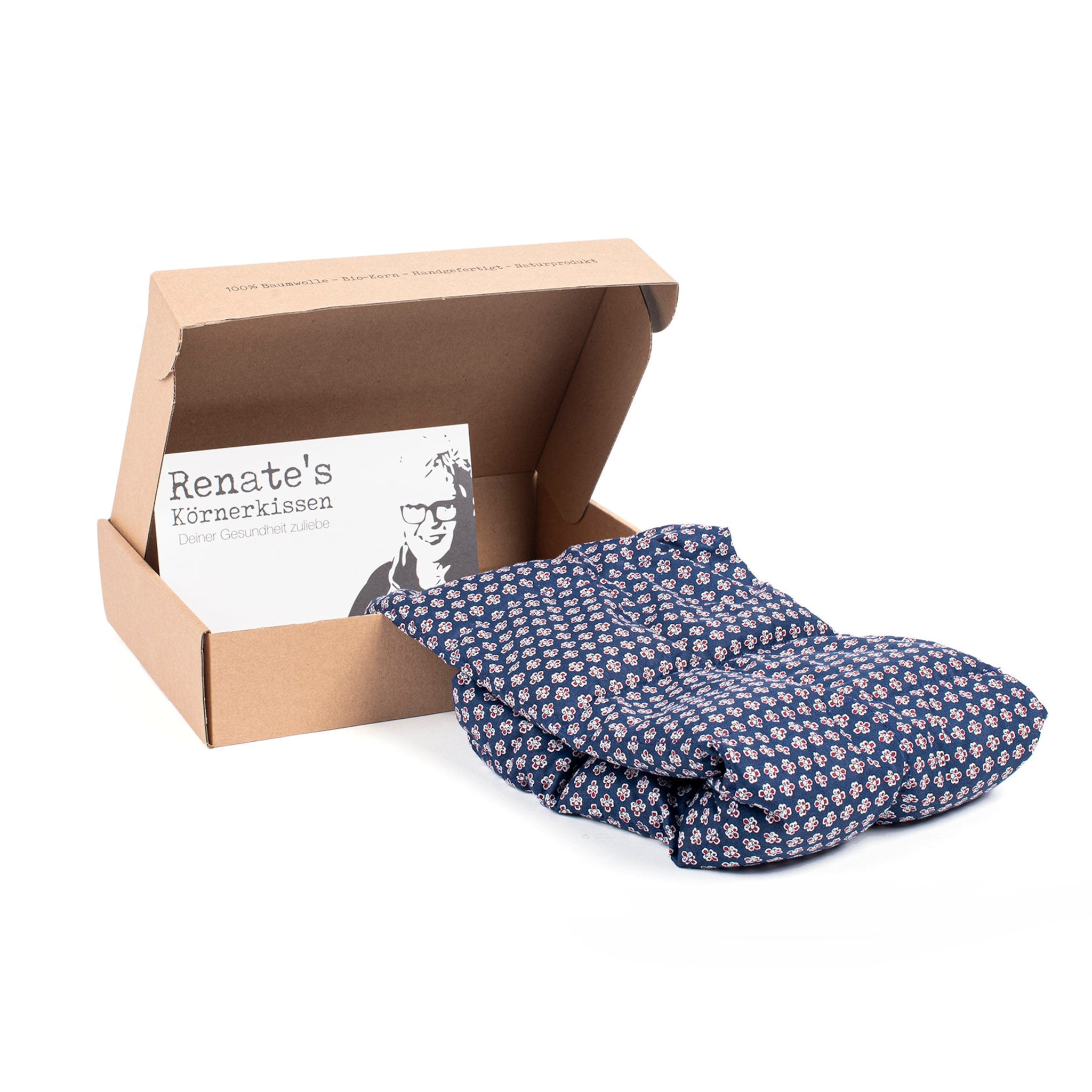 Körnerkissen blue floral patterned, in cardboard box with "Renate's" text and illustration, for health and wellness use