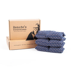 Grain pillow, blue floral pattern cotton, Renate's packaging box