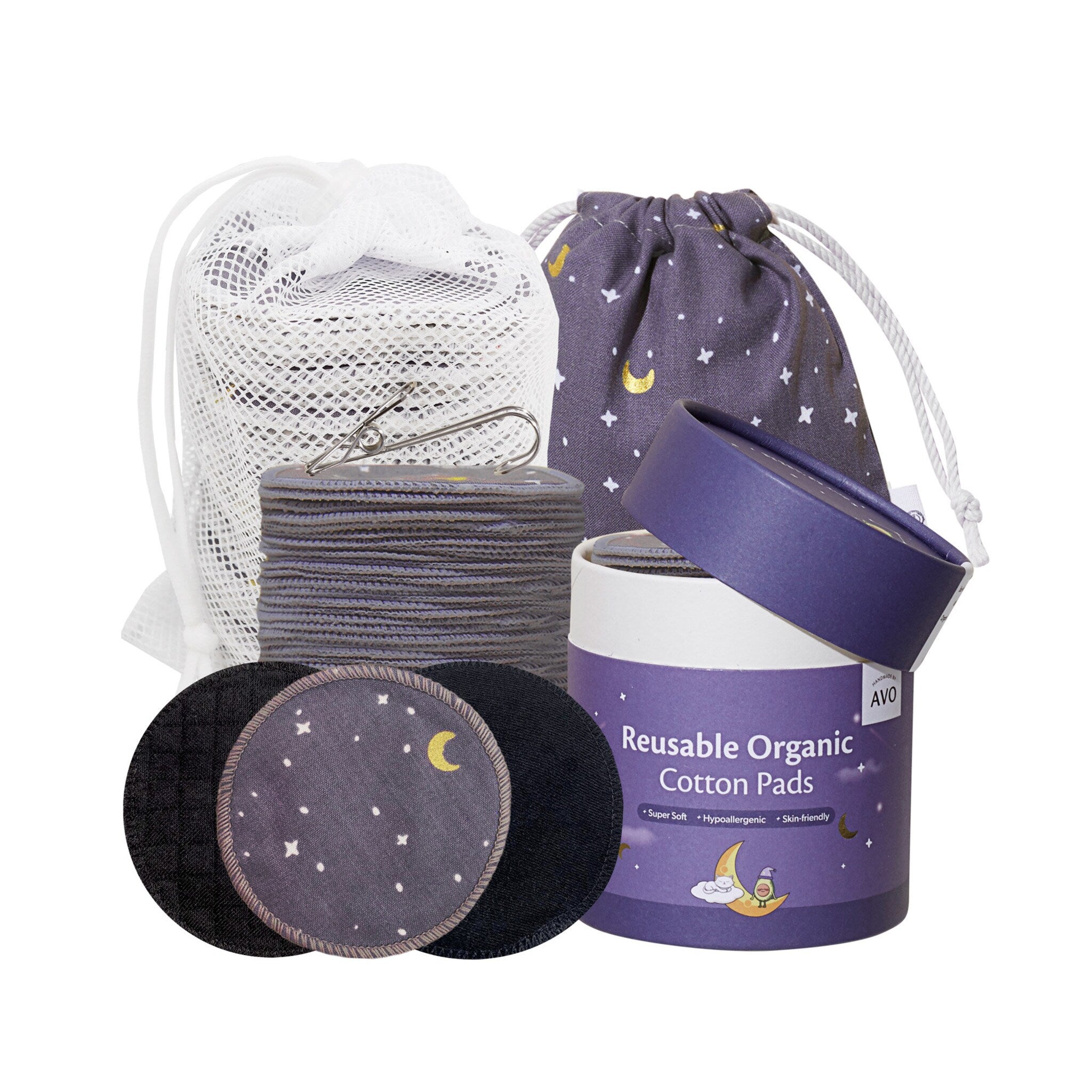 Makeup remover pads set with black and patterned cotton rounds, mesh bag, and pouch