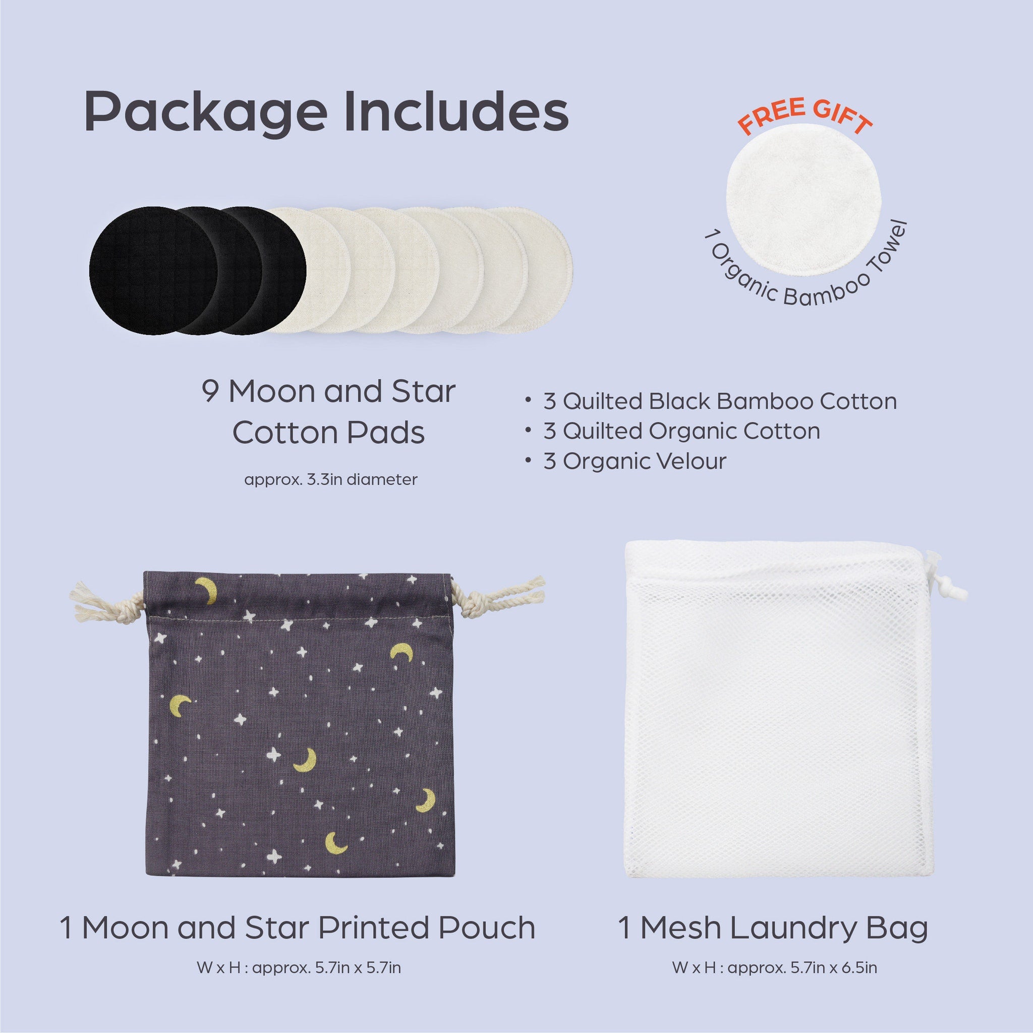 Cotton pads in black and white with 9 Moon brand, plus a printed pouch and mesh bag