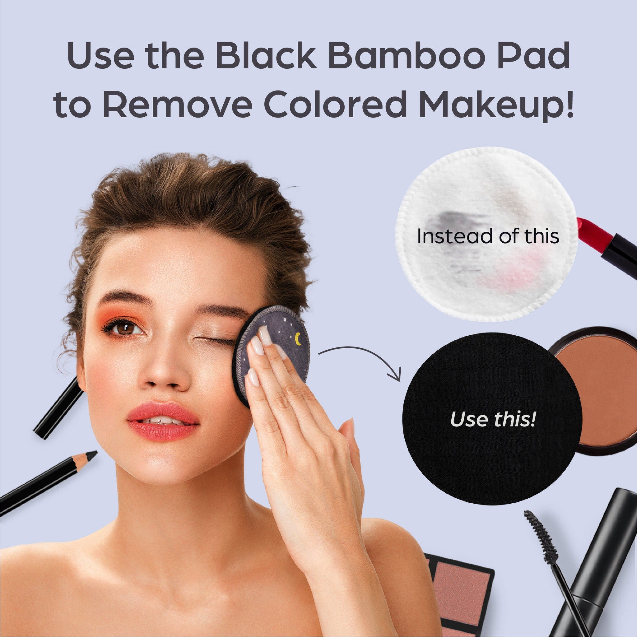 Makeup remover pad with black color, star pattern, and round shape, used on face